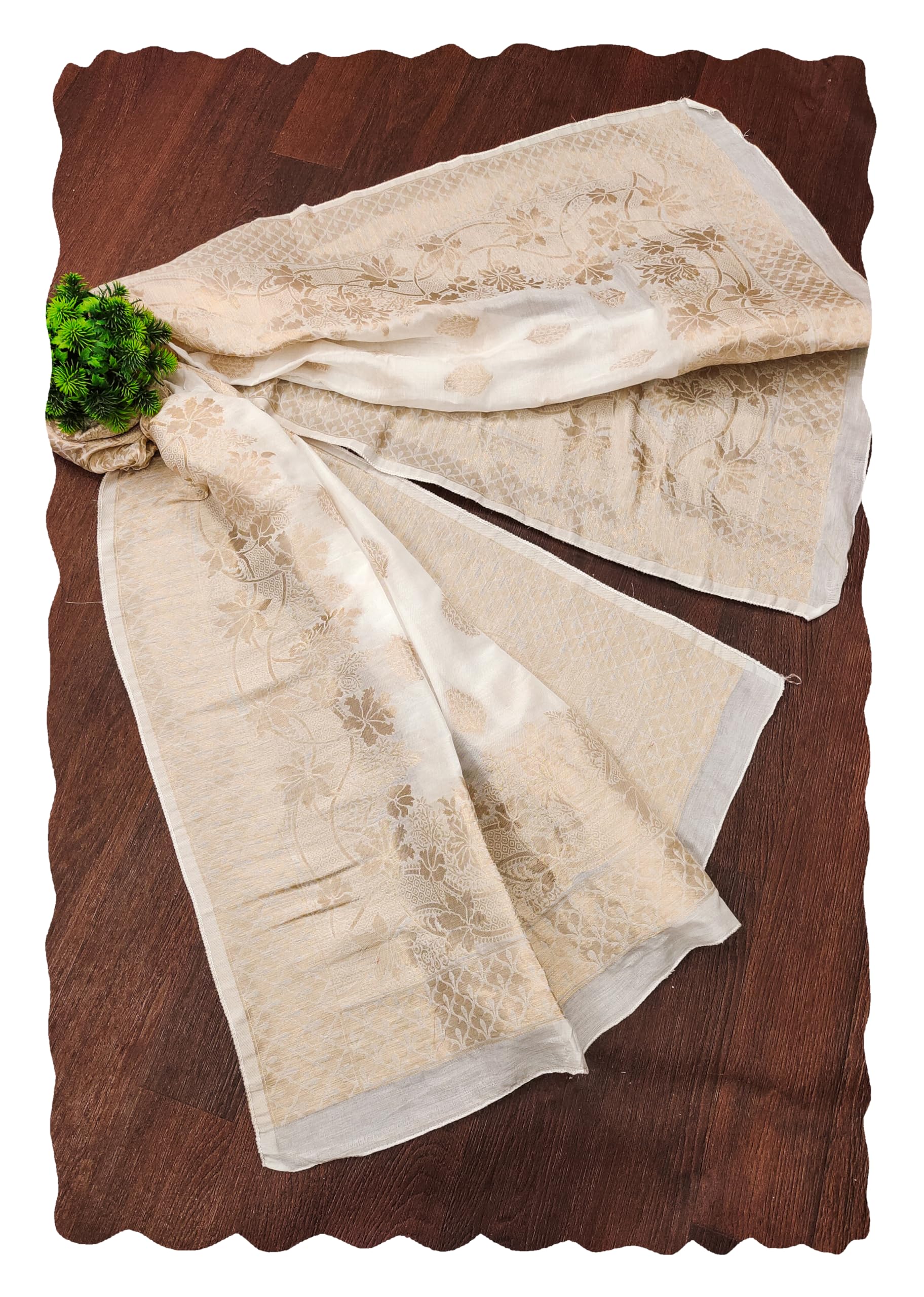 TRENDMALLS Damen Jacquard Seide Blumenmuster Dupatta (D06-WhiteGolden), Weiss/opulenter Garten, Einheitsgröße