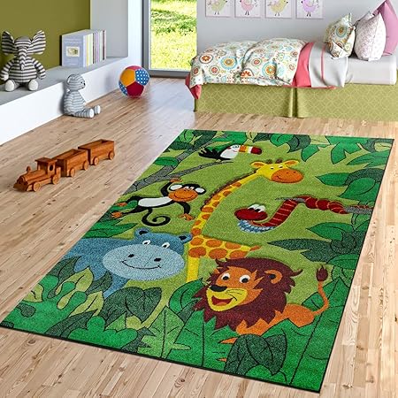 Tapis Pour Enfant Chambre D Enfant Jungle Animaux Girafe Lion Singe Hippopotame Vert Dimension 80x150 Cm Amazon Fr Bebe Et Puericulture