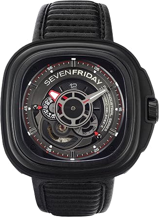 Seven Friday P3B/01 Men's Wristwatch, Watch Black Genuine Leather Strap Waterproof 3ATM