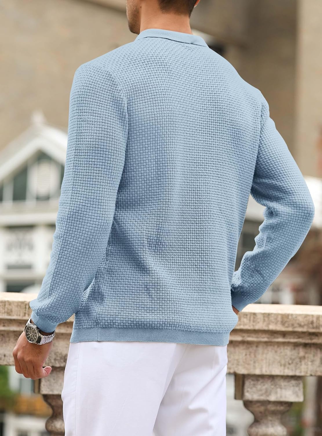 Zaitun Mens Knit Polo Sweater Long Sleeve Lightweight Collared Pullover Casual Sweaters Khaki - Image 3