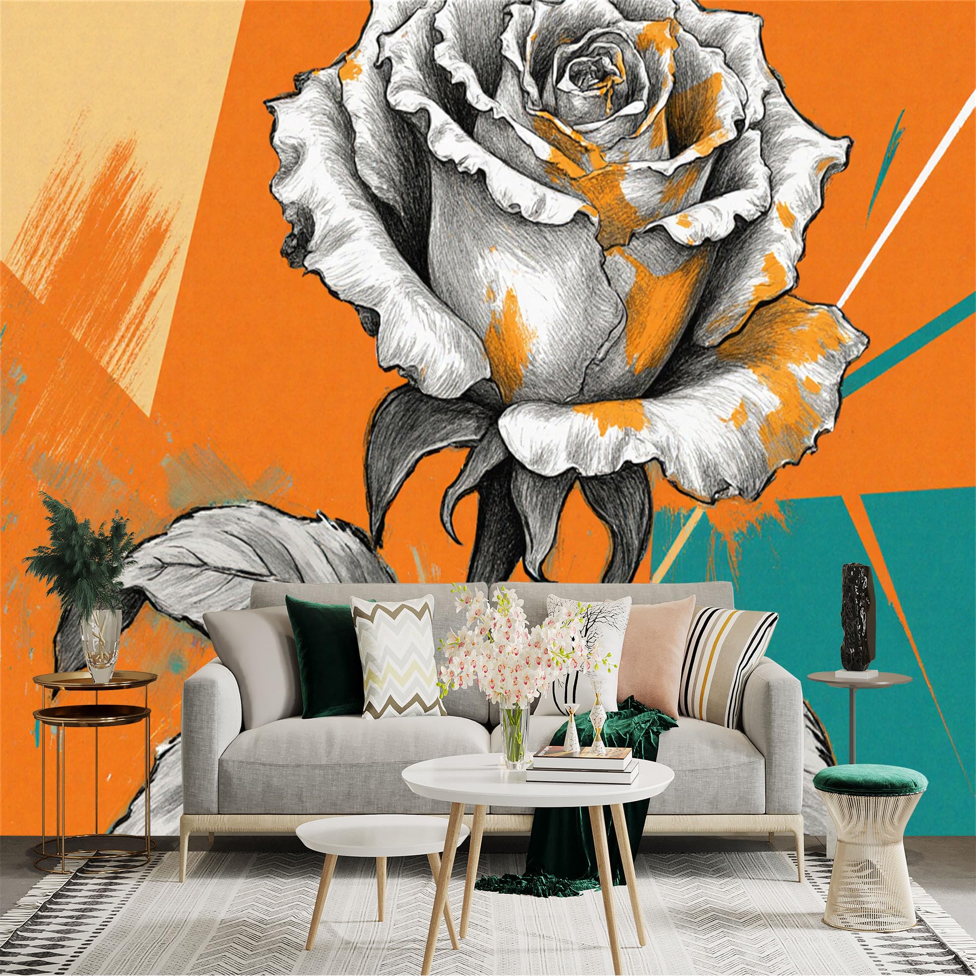 Custom Size Wall Sticker Mural， Sketchy Rose Flower， Artistic Orange and Teal Background， Modern Abstract Botanical Art， for wall Decoration， peelandstick wall Decals.