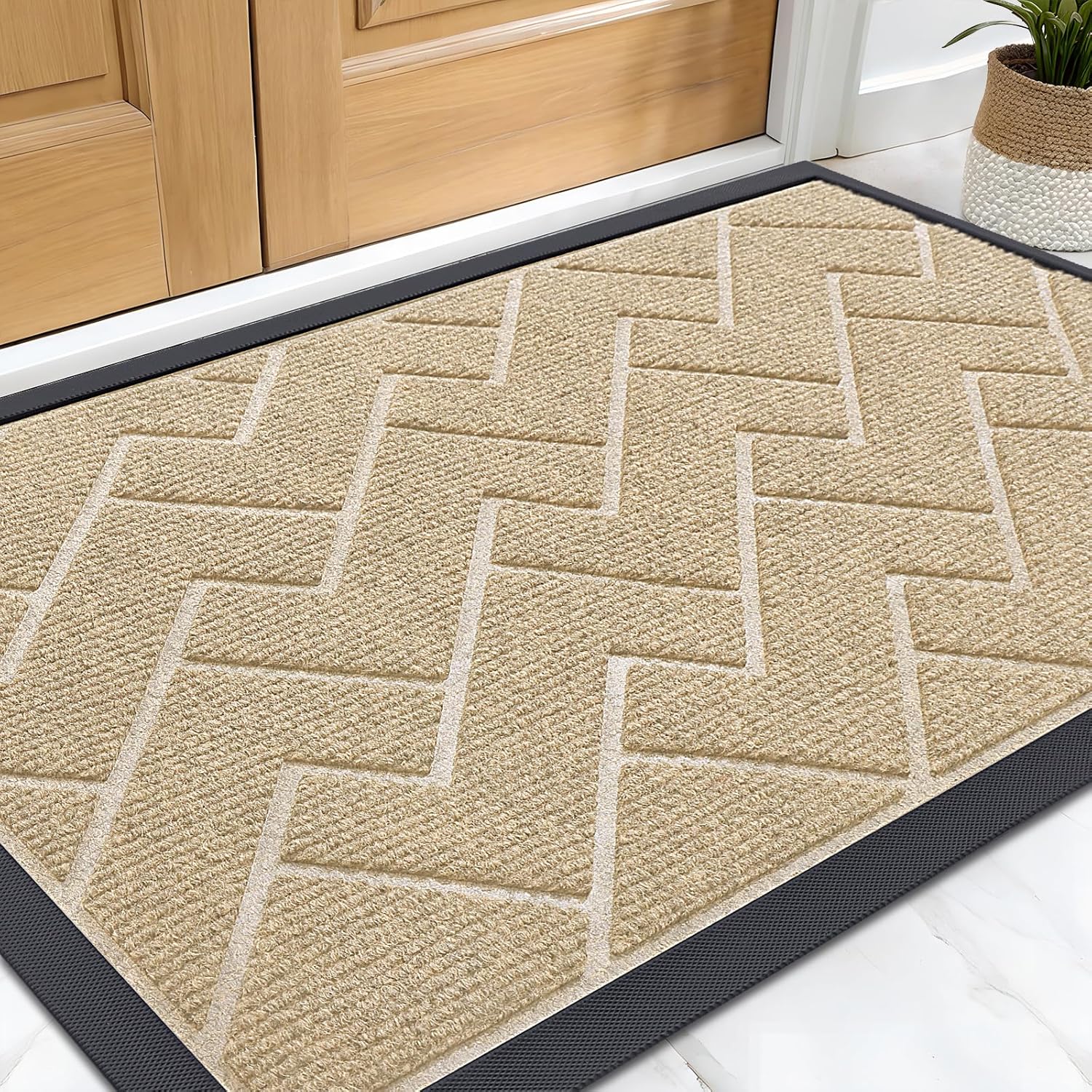OLANLY Front Door Mat Indoor Outdoor Entrance, Waterproof All-Season, All-Weather Welcome Doormat, Sturdy Natural Rubber, Low Profile, Easy Clean Patio Porch Entryway Outside Floor Mat, 47x32, Beige 47" x 32" Beige