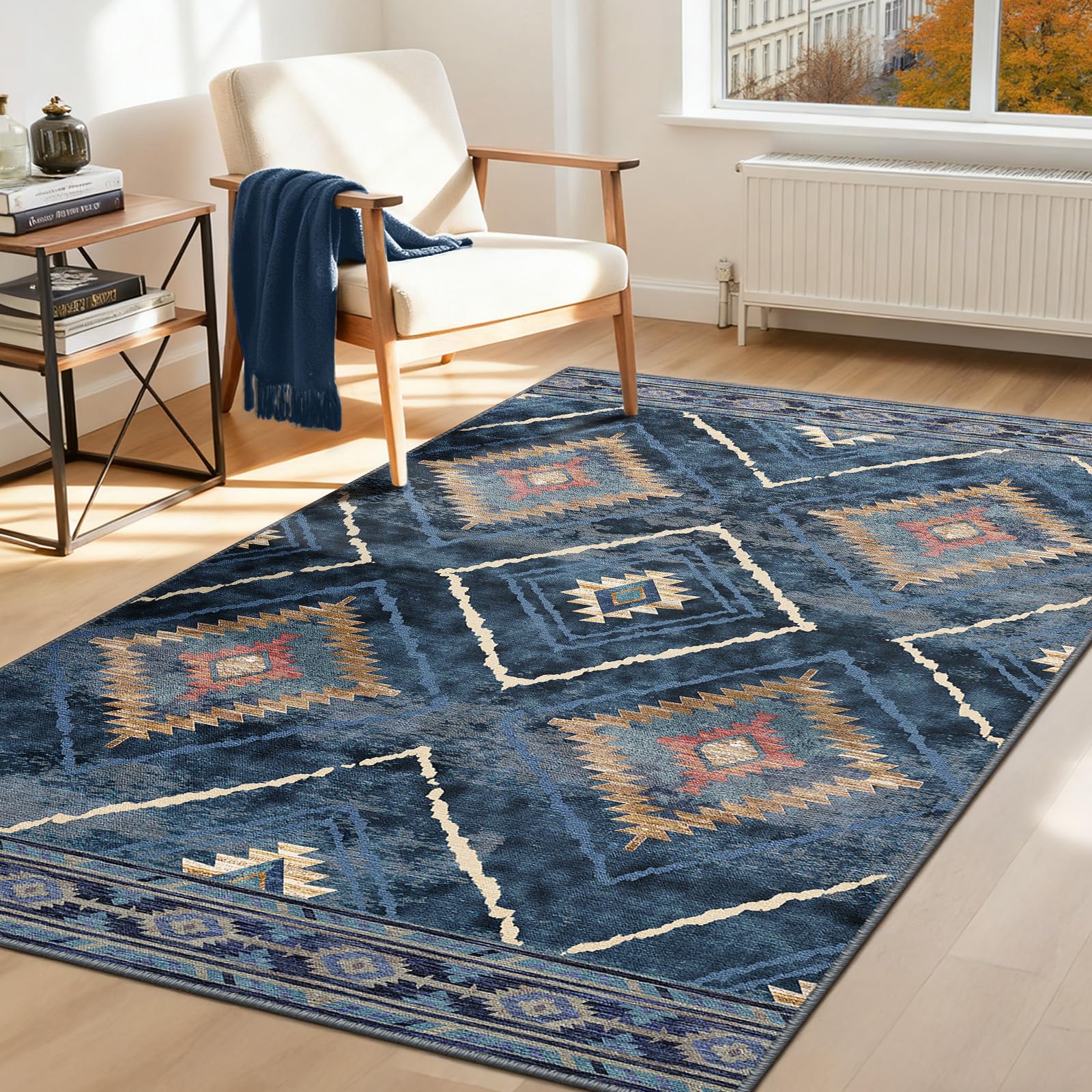 Machine Washable Rugs Living Room, 90x150 cm Kitchen Rugs Non Slip, Soft Short Pile Vintage Blue Rugs for Bedroom, Moroccan Rug for Hallway, Bedroom, and Kitchen, Blue