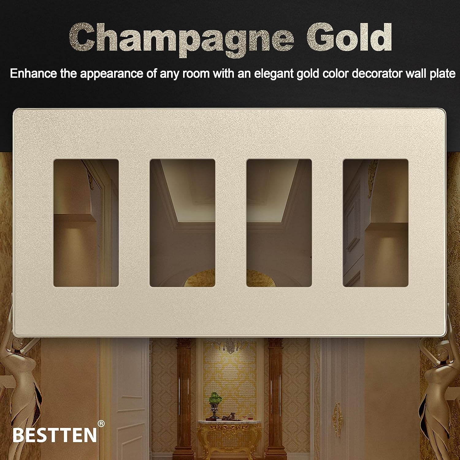 🛒 Crazy Deals [5 Pack] BESTTEN 4-Gang Signature Collection Champagne Gold Screwless Wall Plate, Golden Decorator Outlet Cover, for Light Switch, Dimmer, Receptacle, UL Listed, H4.69” x W8.35”