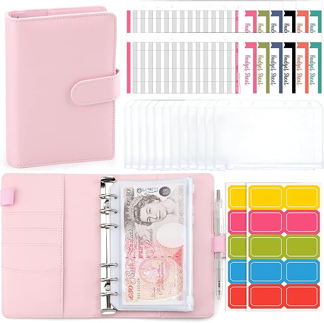 A6 Budget Binder Notebook - PU Leather Ring Binder with 12 Zippered Cash Envelopes and 12 Expense Budget Sheet, Portable A6 Binder Planner Budget Wallet for Budgeting and Saving Money, 27Pcs (Pink)