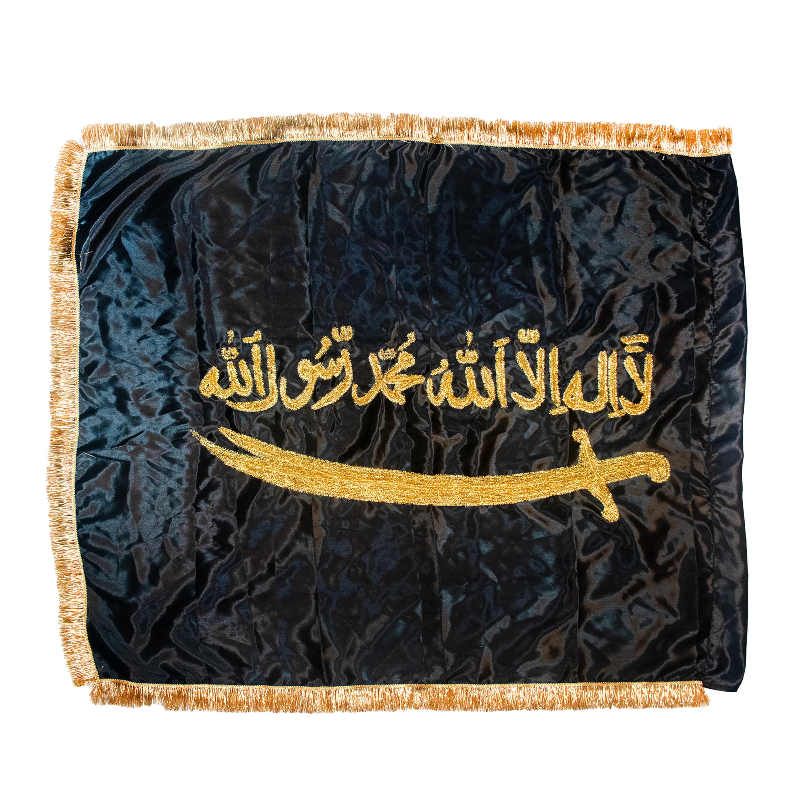 DLC Black Satin Islamic Kalma With Talwar Flag, Moharram Flag Alam with Metallic Golden Embroidery, (1 mtr X 1.5 mtr)