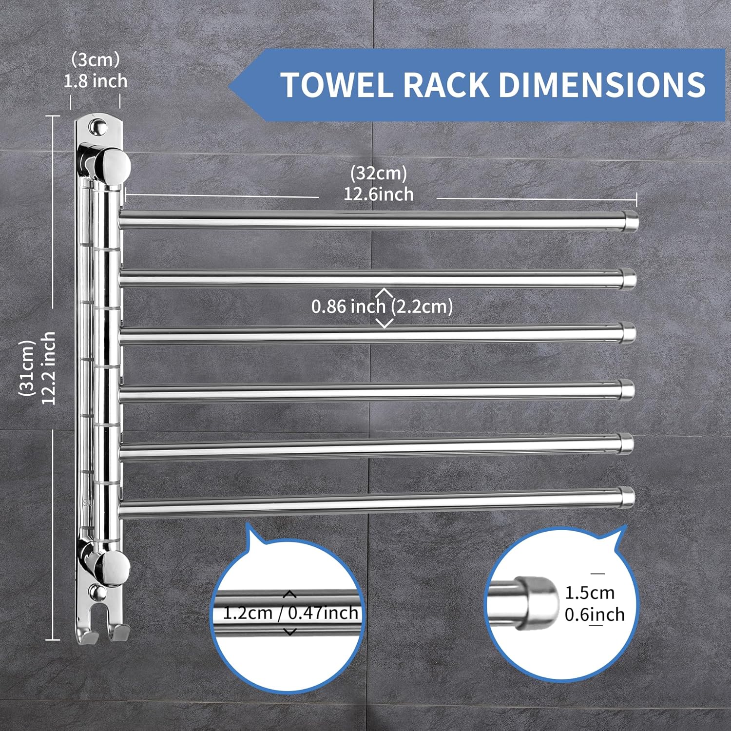 Swivel Towel Rack, 12.6 Inch Towel Bar with Wall Mounted 180° Rotation, 6 Arms Towel Hanger SUS 304 Stainless Steel, Space Saving for Kitchen, Bathroom, Outdoor, Mirror Polish