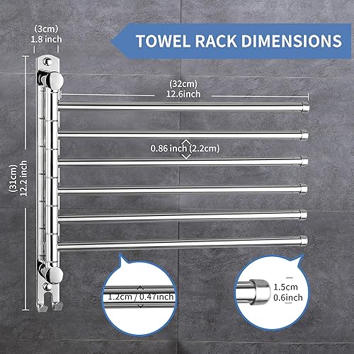 Miniatura 2 de Toallero giratorio, toallero con rotación de 180 montado en la pared, 6 brazos de acero inoxidable SUS 304, ahorro de espacio para cocina, baño,