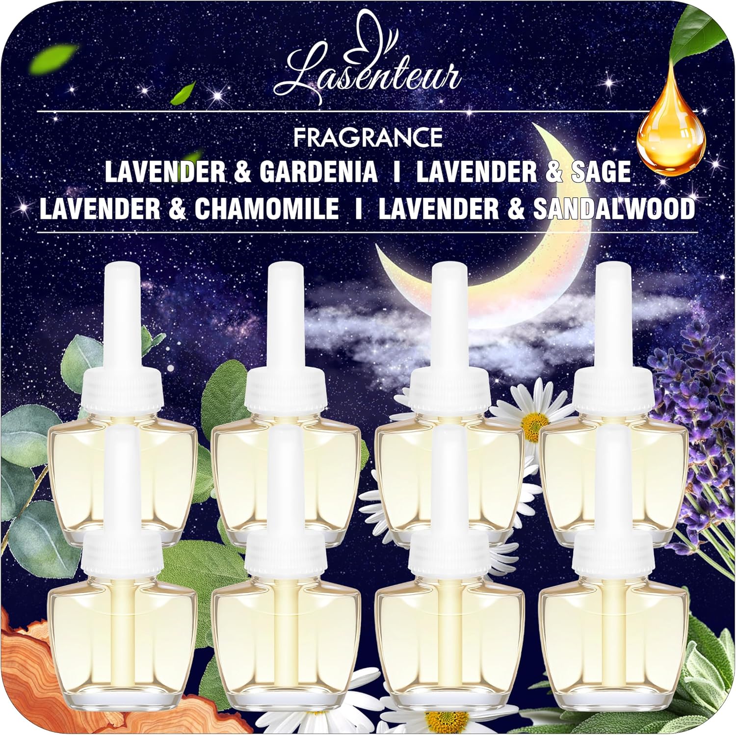 Plug In Air Freshener Refills 8 Pack - Gardenia, Sage, Chamomile, Sandalwood 4 Scents Essential Oil Refill - Suitable for Home, Bathroom,Compatible with Air Wick & Glade, Not Include Glade Plus