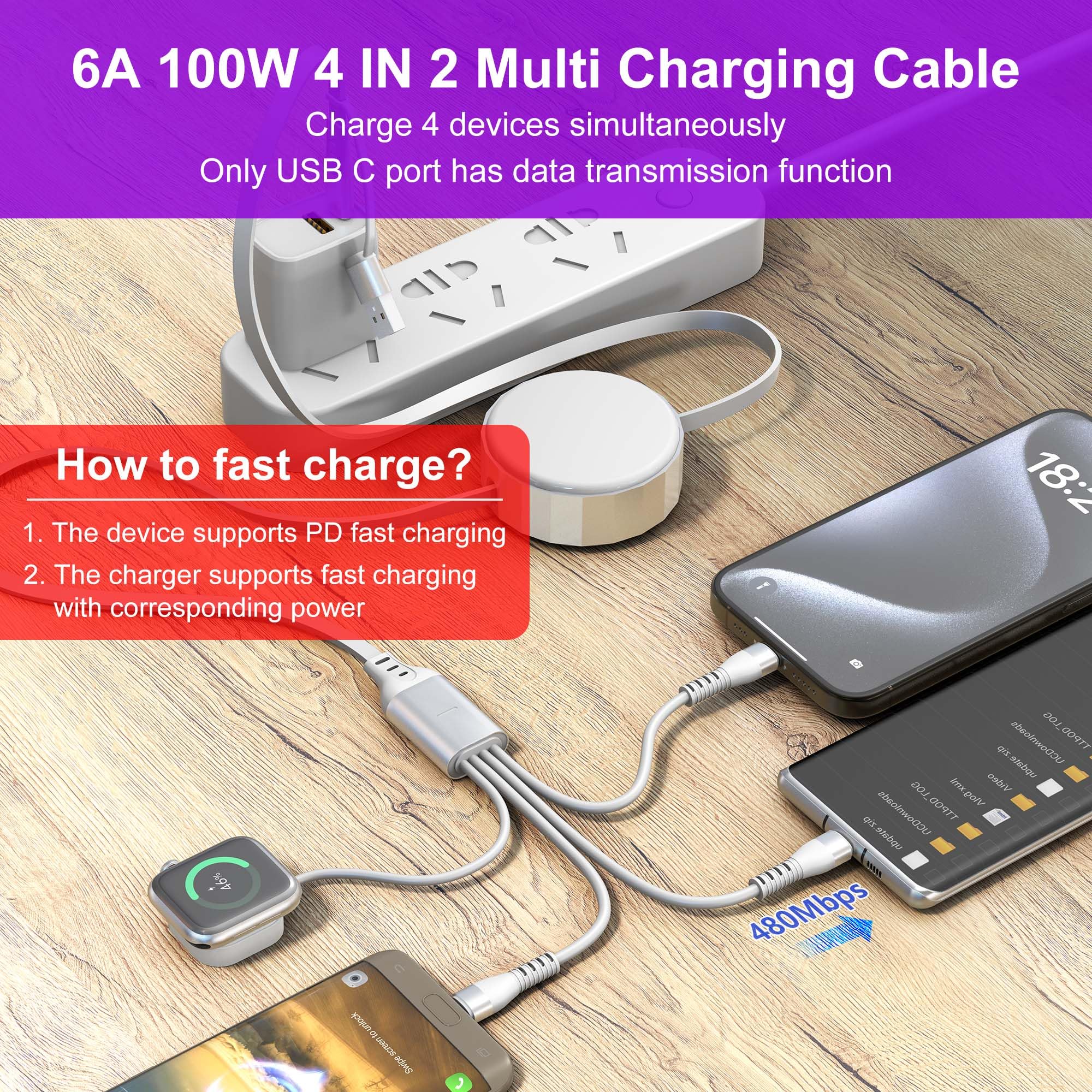 Câble de charge multiple 4 en 2 pour Apple Watch compatible avec iWatch Series 10-1/iPhone 16/15/Galaxy Android 1,2 m 100 W Câble de charge rapide rétractable
