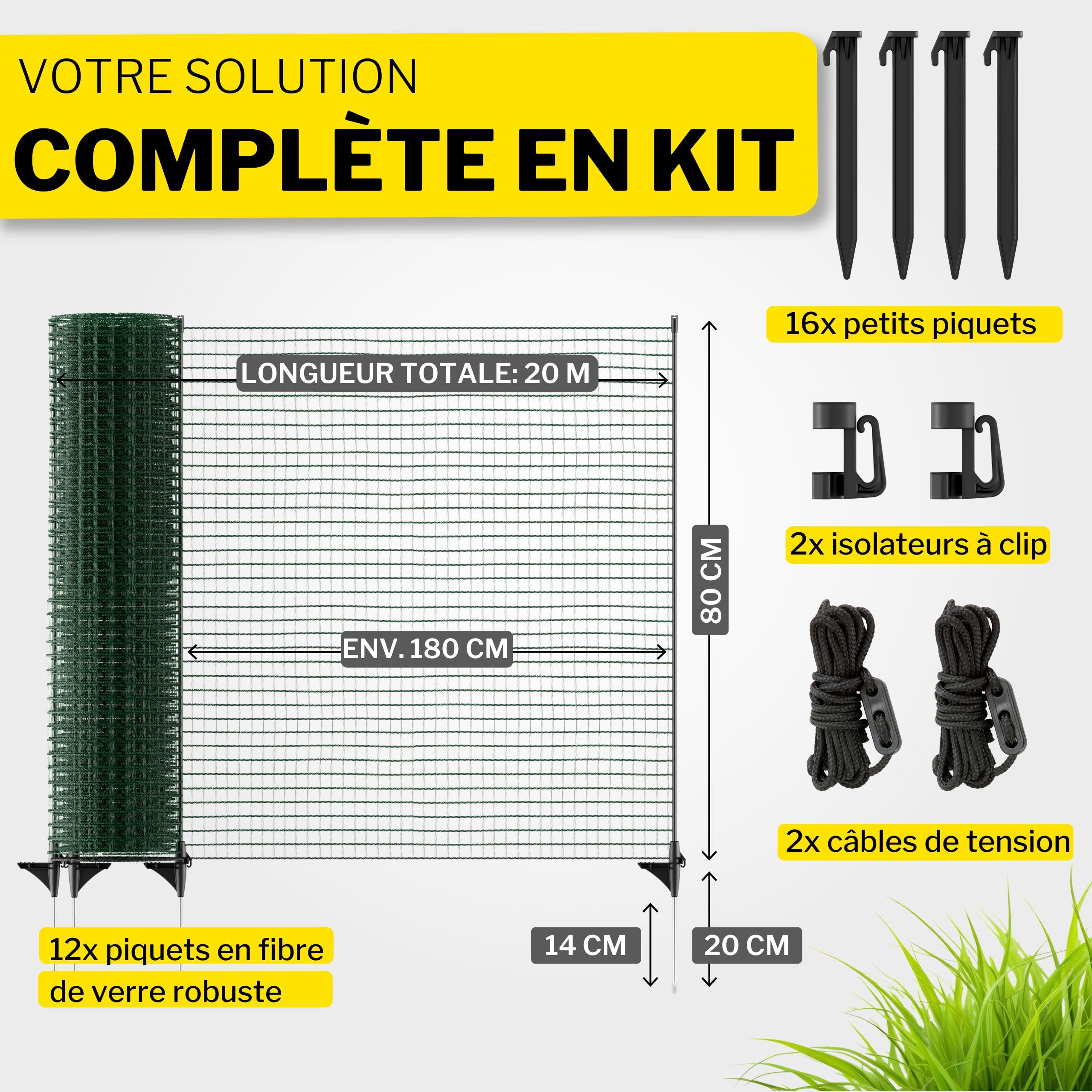 Horizont - Clôture de délimitation FIX, clôture mobile de 20 m de long et 80 cm de haut, maille étroite 17 x 17 mm, 12 poteaux en fibre de verre, protection pour parterres de fleurs, filet de jardin
