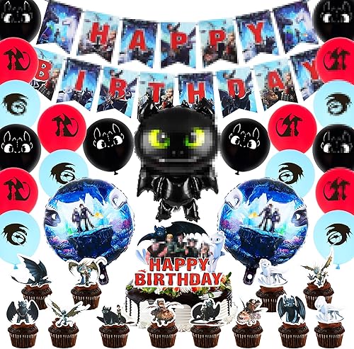 Miniatura 1 de Decoraciones de fiesta de cumpleaños de dragón 35 piezas de recuerdo de fiesta de cumpleaños con pancarta de feliz cumpleaños, decoración de pastel,