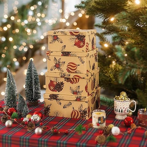 Miniatura 2 de Soul & Lane Cajas decorativas cuadradas de papel kraft de Navidad con tapas, juego de 4 unidades, cajas de regalo reutilizables grandes para regalos