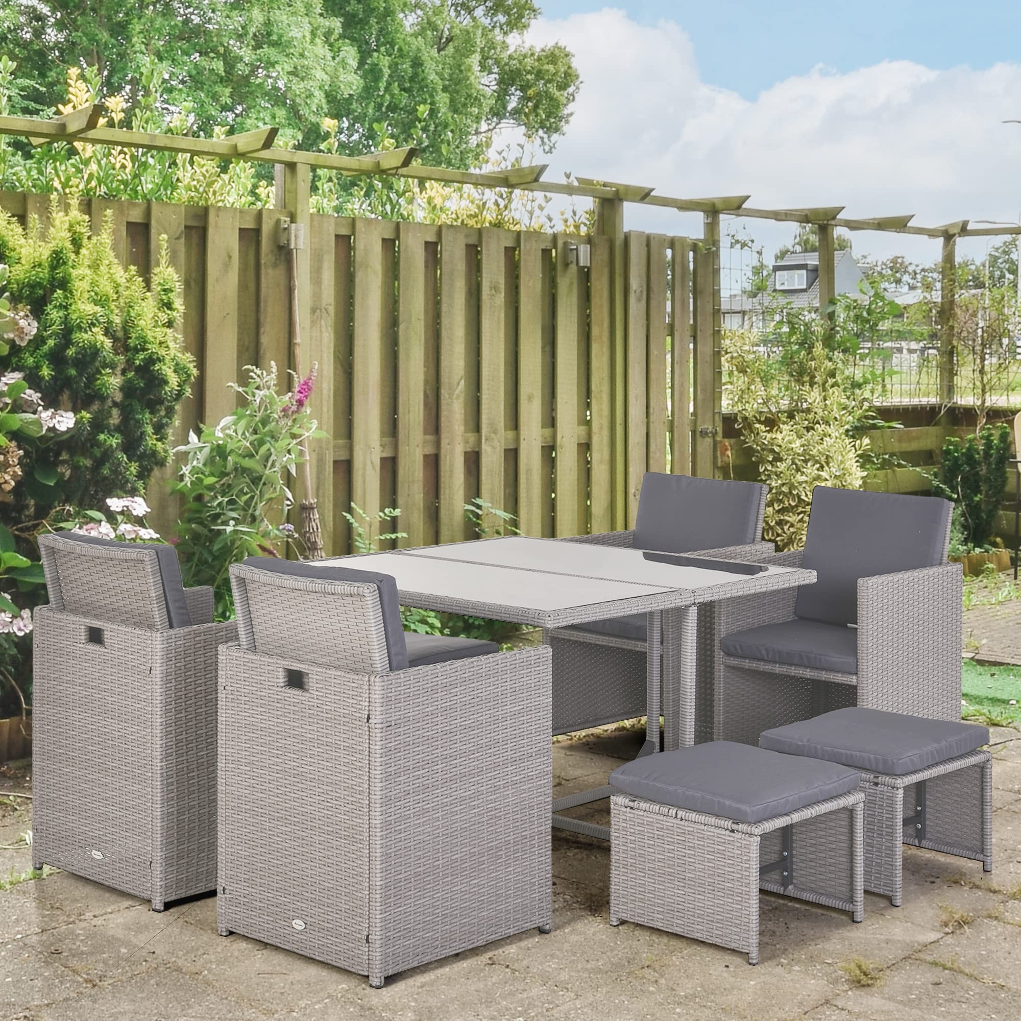 Outsunny Set Mobili da Giardino Esterno Tavolo con 4 Sedie 9pz Grigio | 4 Poggiapiedi, Rattan