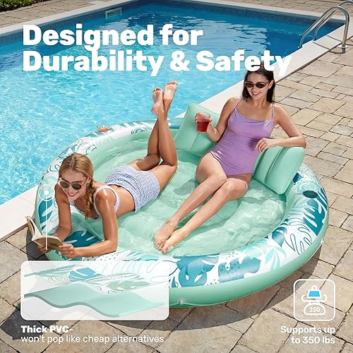 Miniatura 5 de SLOOSH Flotador inflable para piscina de bronceado, flotadores de piscina de 72 x 56 pulgadas para adultos con almohada, flotador redondo 4 en 1,