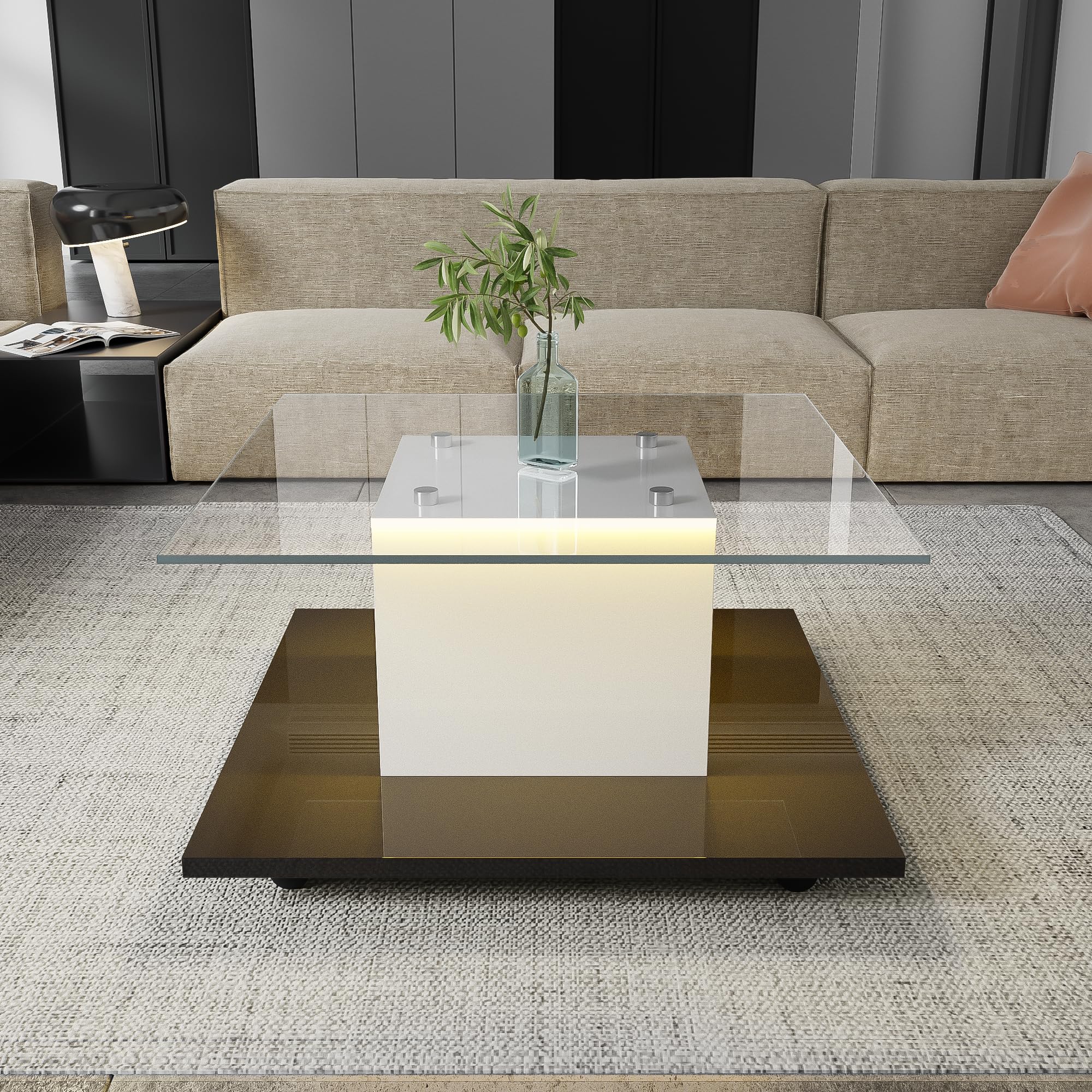 Couchtisch Hochglanz Glas Wohnzimmertisch Modern mit Rollen Beweglicher Kaffeetisch Beistelltisch für Wohnzimmer Lounge Design Teetisch Sofatisch Pflegeleicht Rechteckig Großer Tisch Grau