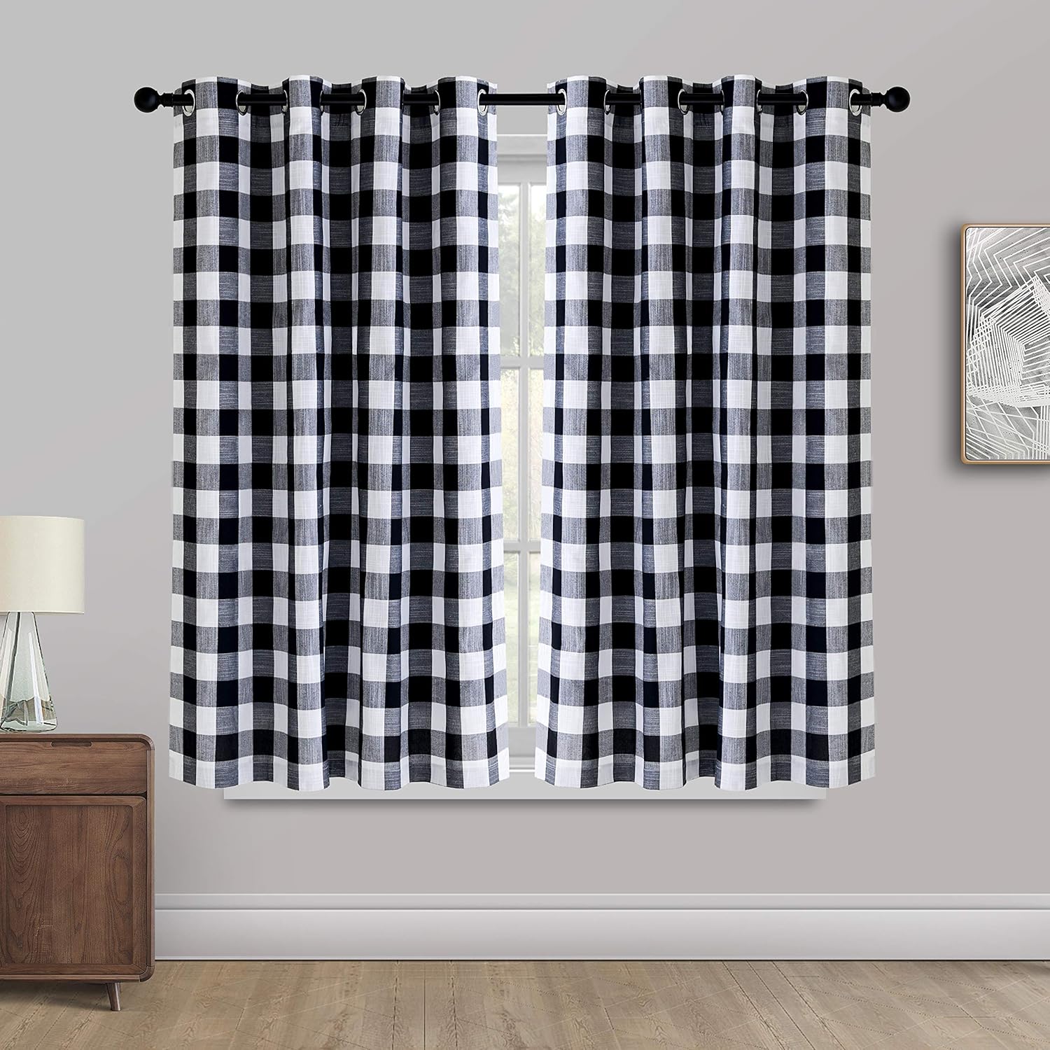Creativesfun Farmhouse Faux Linen Look Light-Filtering Buffalo Plaid Grommet Window Curtain Checks Line Up Set (Black & White, Panel 丨W53 X L63-INCH 2PCS)