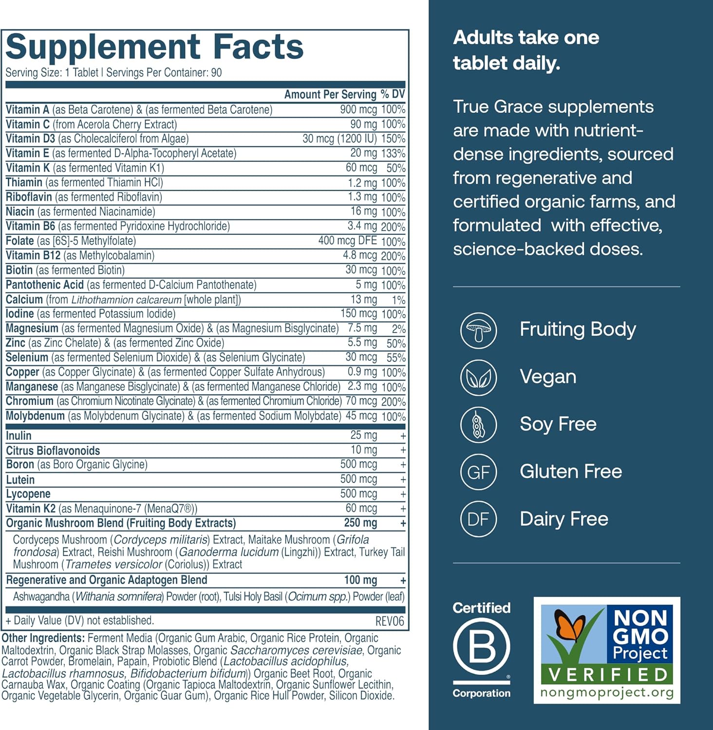 True Grace One Daily Men’s Multivitamin Fermented Minerals, Organic Adaptogens & Mushrooms Whole Body Balance Immune, Endurance, Bone & Heart Support - Non-GMO, Gluten Free - 90 Vegan Tablets