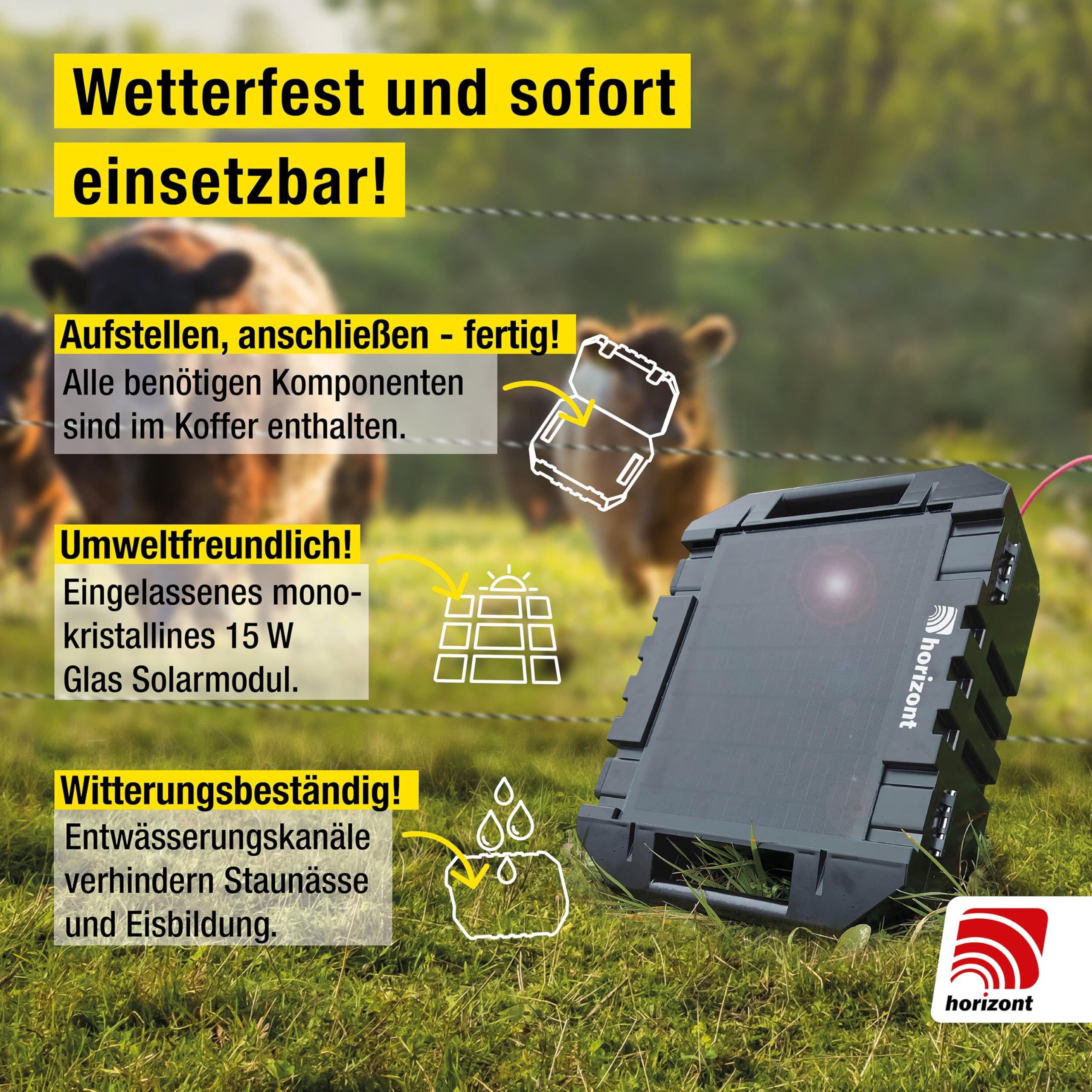 horizont Solar Weidezaungerät 12 V ranger ® AS1800SC - mit integriertem 15 W Solarpanel und 12 Ah Akku - für Zaunlängen bis zu 14 km oder 8 Elektronetze á 50 m, 11.800 V maximale Spannung
