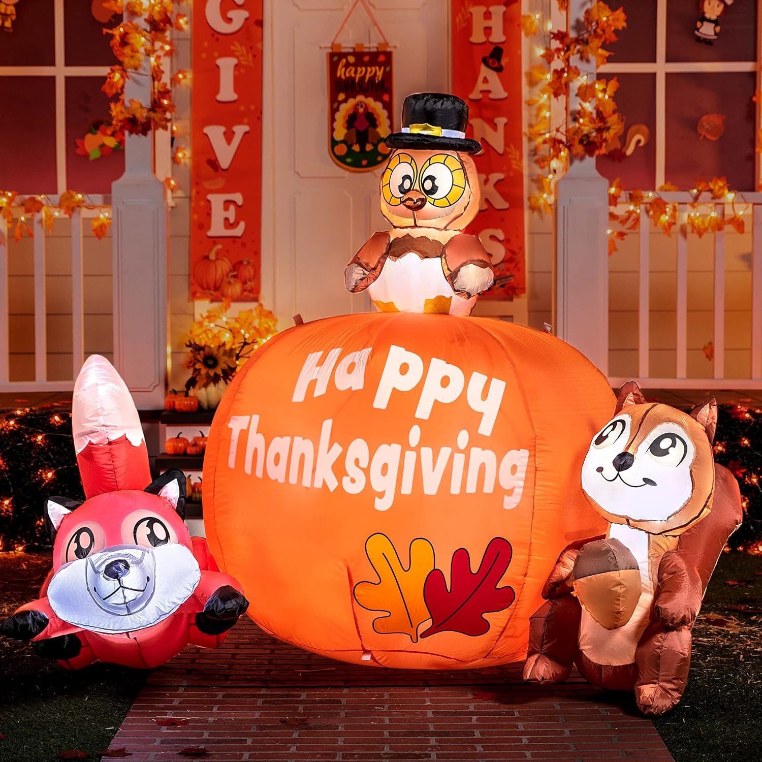 Joiedomi 6 FT Tall Thanksgiving Inflatable Turkey on Pumpkin, Inflatable Racoon and Squirrel with Build-in LEDs Blow Up Inflatables for Thanksgiving Party Outdoor, Yard, Garden, Lawn Fall Decorations