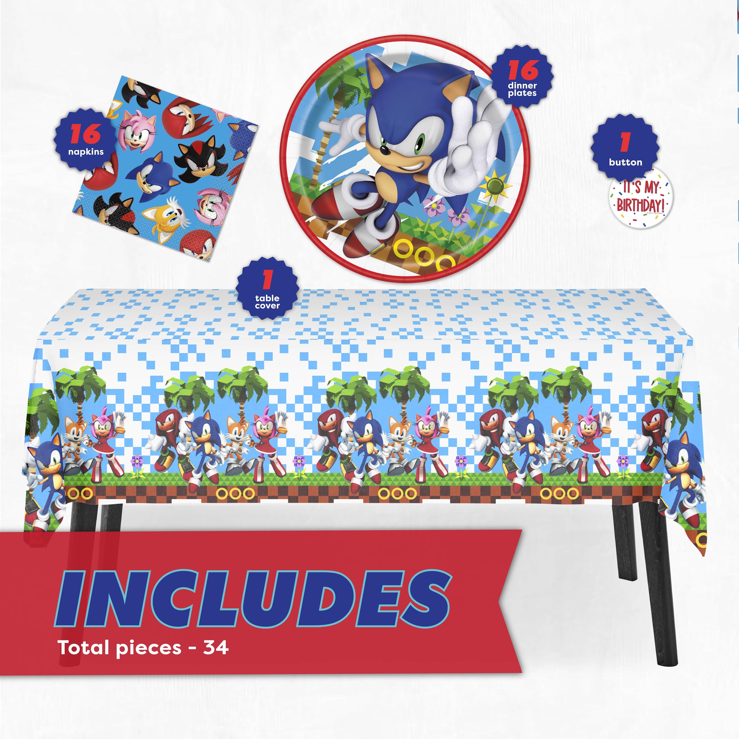 Sonic the Hedgehog Birthday Party Supplies, Plates, Napkins for 16, Table Cover | Sonic Birthday Party Decorations | Sonic Party Decorations | Officially Licensed