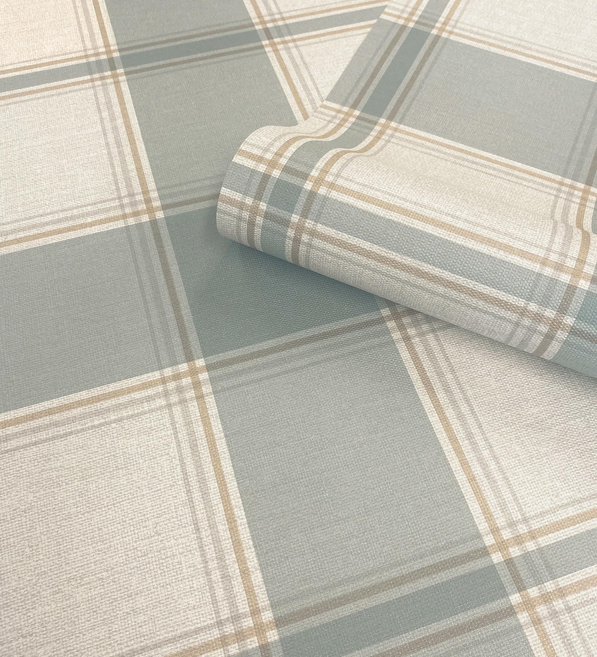 GAULAN 683397 Papier peint vinyle à carreaux écossais, effet lin en relief, coloris bleu ciel et bleu pour mur salon cuisine chambre couloir meuble - Rouleaux de 10 m x 0,53 m