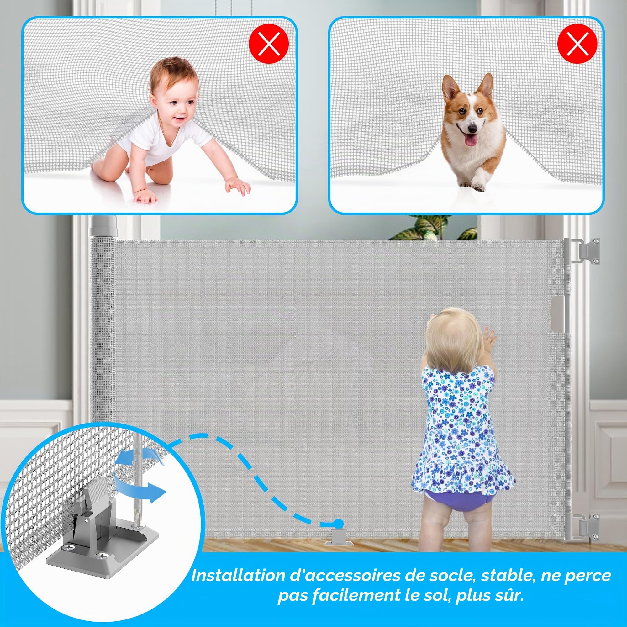 NAIZY Barrière de protection de porte, enroulable, 0 à 300 cm, pour bébé et chien, extensible, pour l'intérieur et l'extérieur, grise, LMZJ-HAG1393A