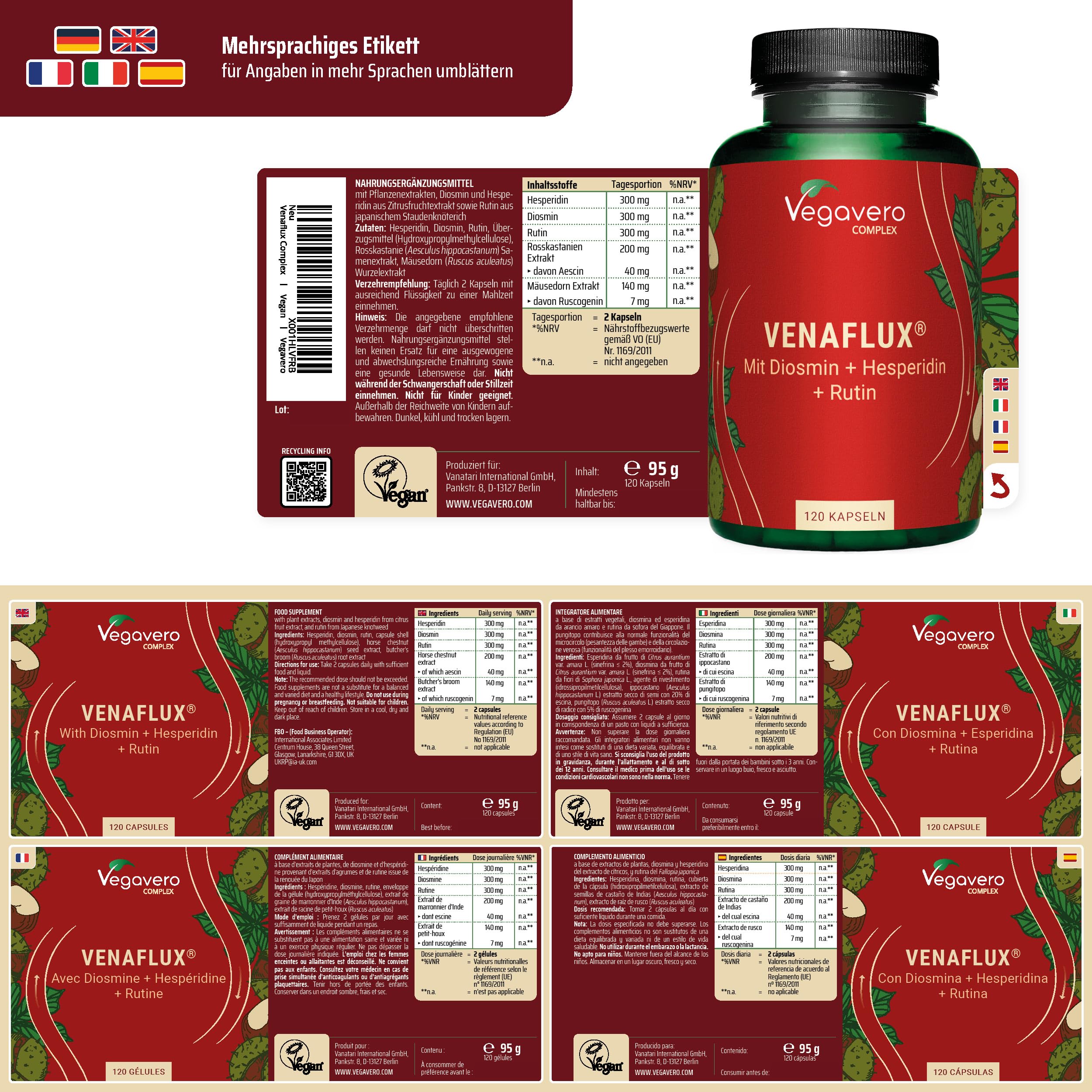 Vegavero Venaflux Kapseln 120 Stück - mit Hesperidin, Diosmin, Rutin, Rosskastanienextrakt & Mäusedorn - 40 mg Aescin & 7 mg Ruscogenin - Vegan, ohne Zusatzstoffe, laborgeprüft
