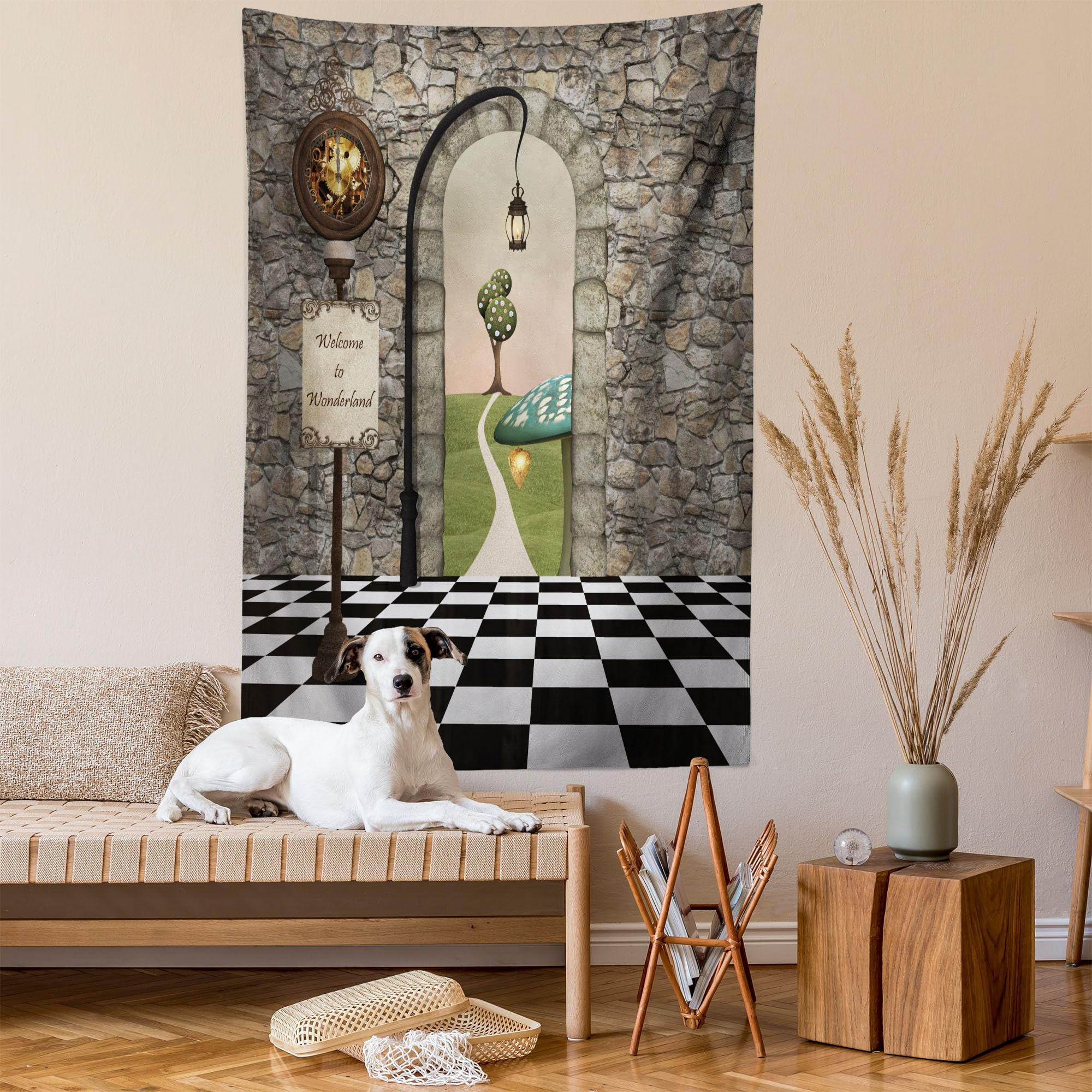 Ambesonne Alice in Wonderland Tapestry, Welcome Wonderland Black and White Floor Landscape Mushroom Lantern, Wall Hanging for Bedroom Living Room Dorm, 60