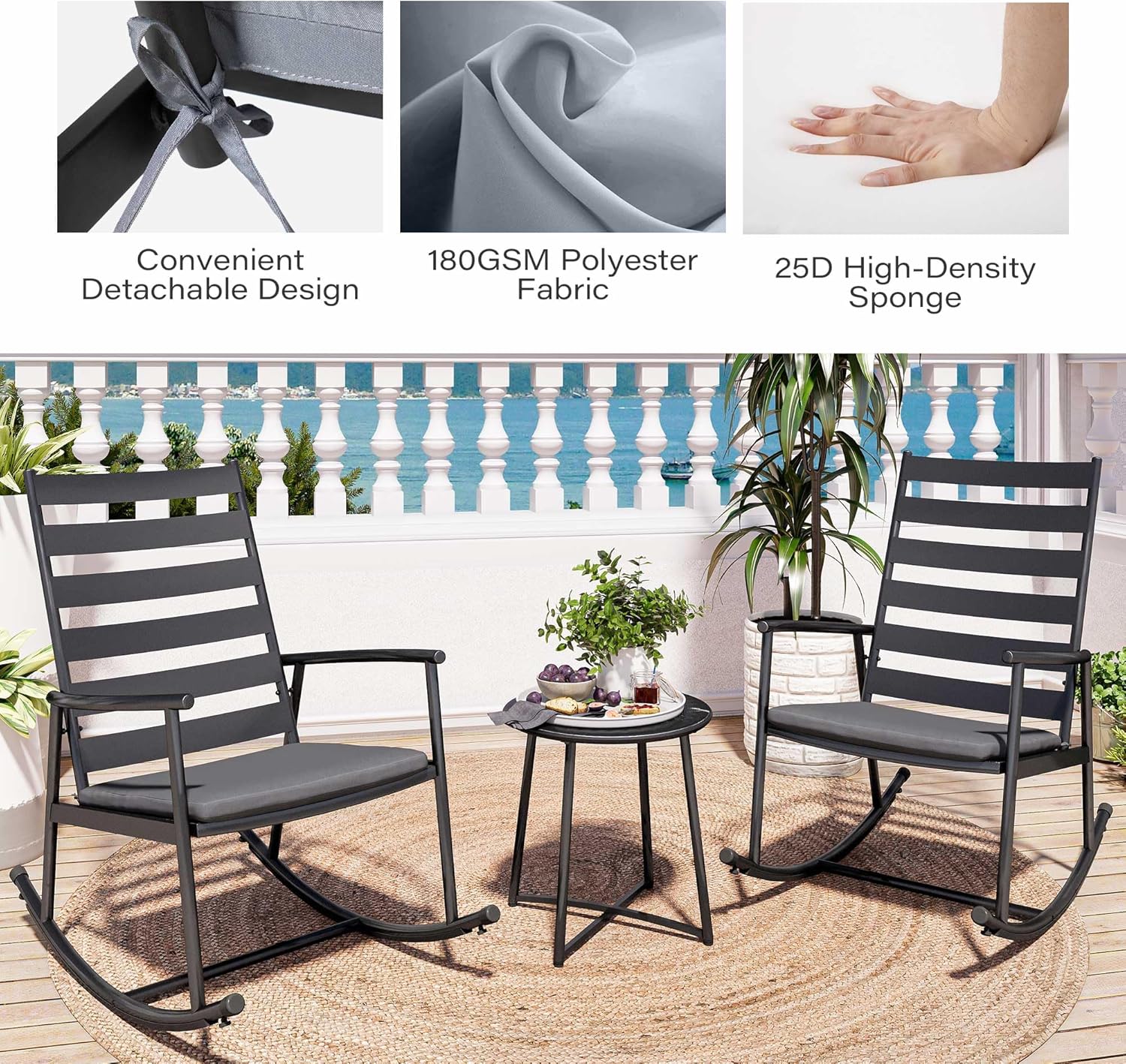 LAUSAINT HOME 3 Piece Outdoor Rocking Bistro Set, Small Patio Furniture Set with Coffee Table and Thick Cushions, Front Porch Furniture for Lawn, Garden, Balcony, Poolside (Black)