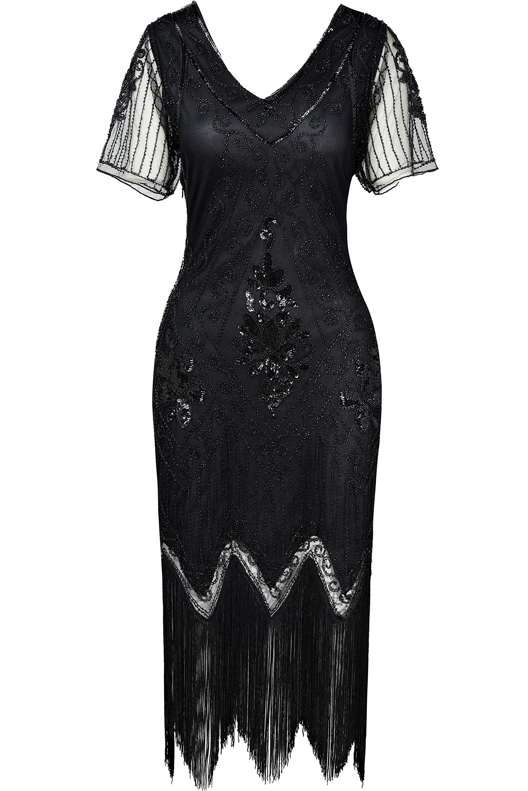 BABEYOND 1920s Flapper Fringed Sequin Dress Roaring 20s Fancy Dress Gatsby Costume Dress V Neck Vintage Beaded Evening Dress (Black, XS)