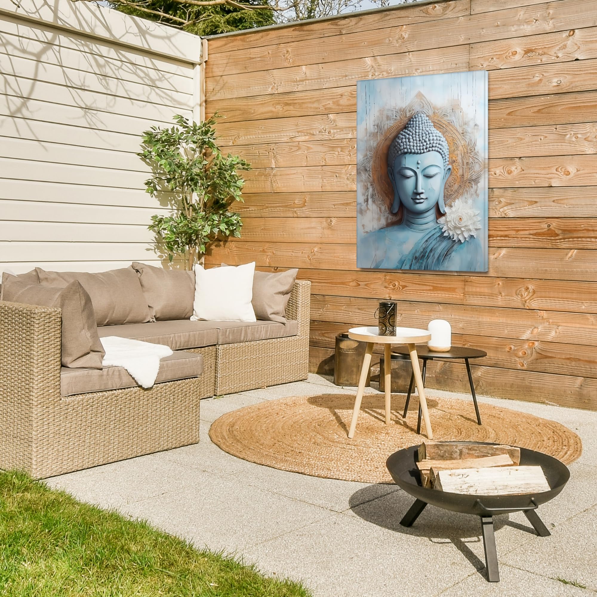 Gartenbild 80x120 cm Outdoor Deko Garten Leinwand Modern Wandbild Wetterfest Kunstdruck Terrasse Geschenke Draußen Buddha - Statue - Blau - Braun - Blume