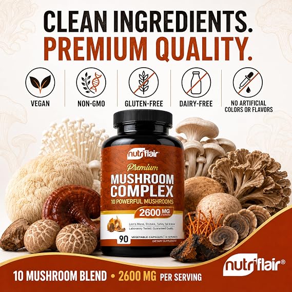 NutriFlair 10 Mushroom Complex Supplement 2600mg, 90 Capsules | Made in USA