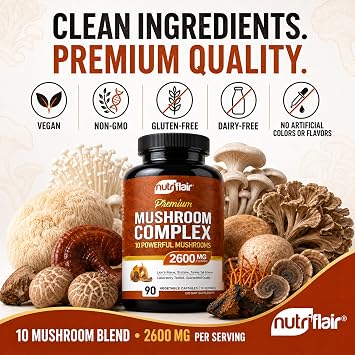 NutriFlair 10 Mushroom Complex Supplement 2600mg, 90 Capsules | Made in USA