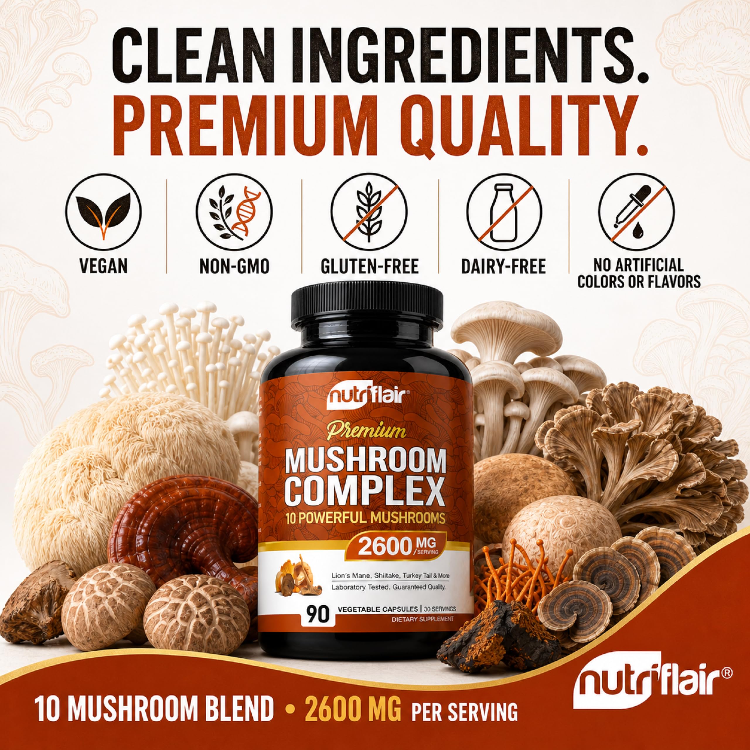 NutriFlair 10 Mushroom Complex Supplement 2600mg, 90 Capsules | Made in USA — Amazon image 4