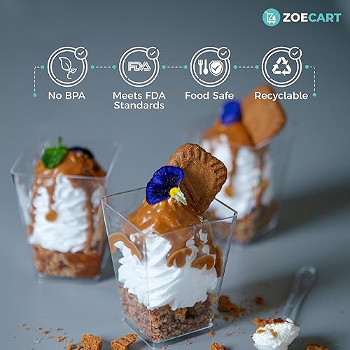 Miniatura 5 de Paquete de 100 tazas y cucharas de postre de plástico de 5 onzas, tazas de parfait transparentes, mini tazas de postre con cucharas, tazas cuadradas
