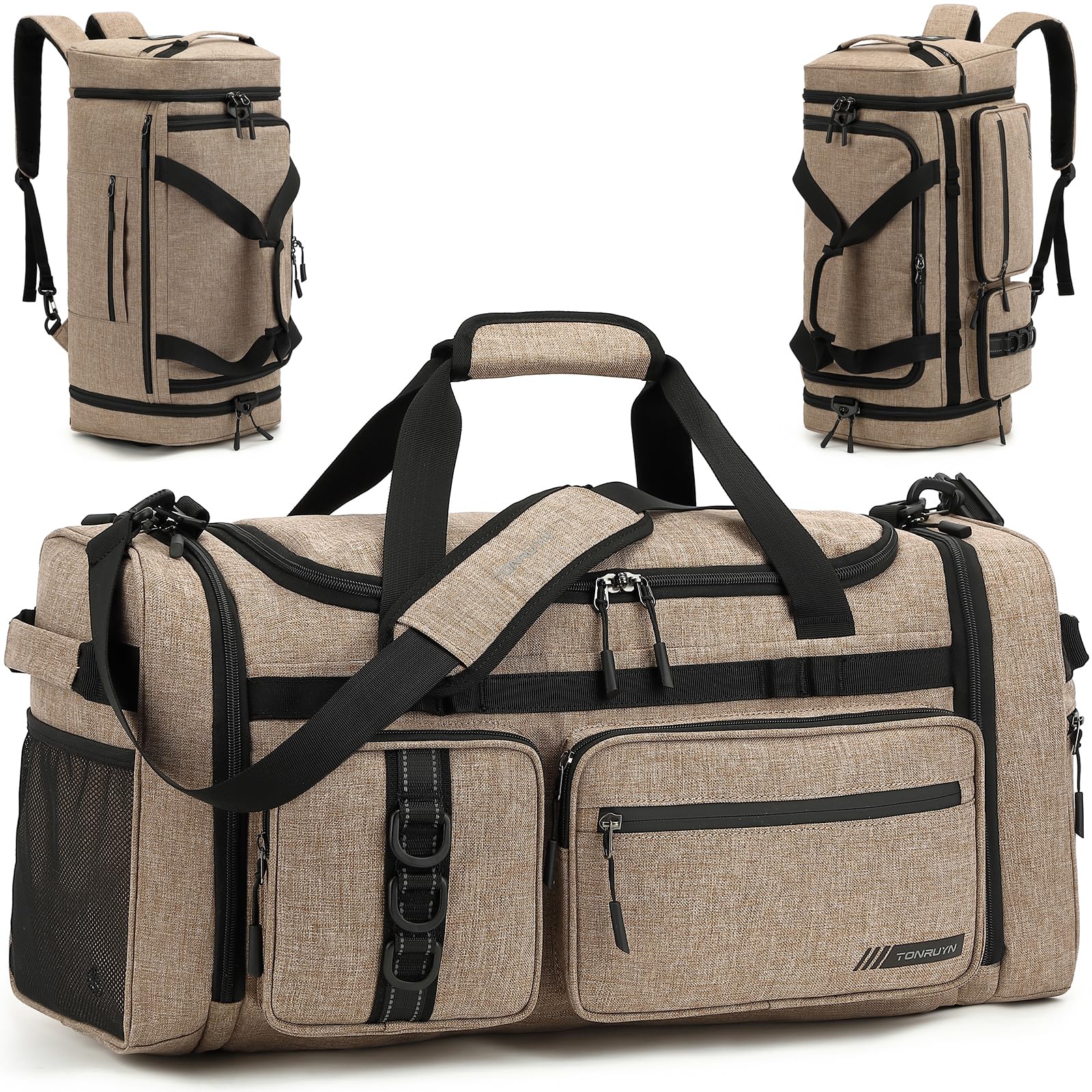 Sac de Sport Homme Femme 50L Sac de Voyage avec Compartiments Chaussures, Compartiment Isotherme et Humide Convertible en Sac à Dos pour Fitness Natation Voyages Weekender Camping (Marron)