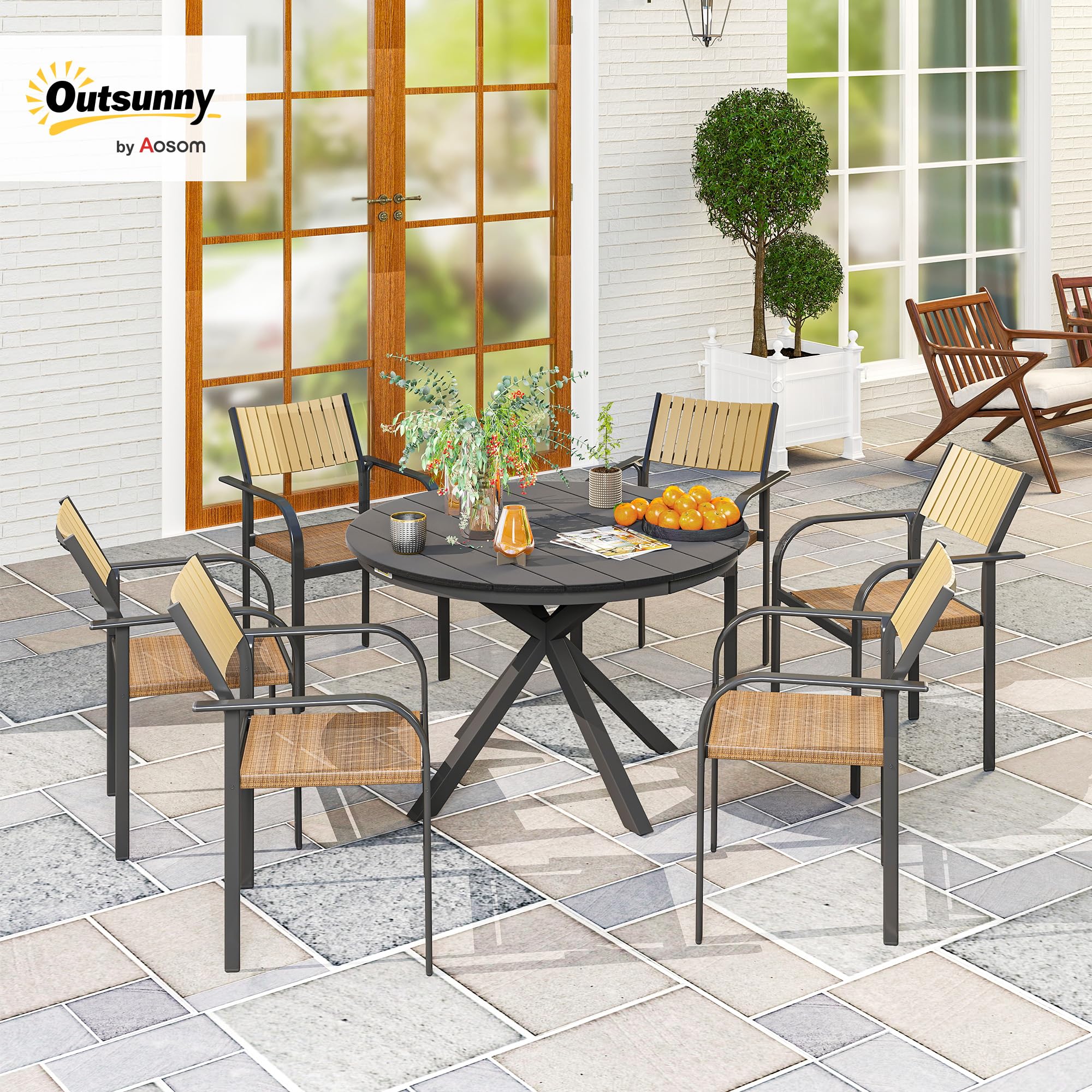 Outsunny Table à Manger de Jardin Ronde Ø 118 cm Aluminium Plateau Effet Bois Patins réglables Noir