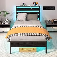 JFKne Twin Bed Frame with Headboard, RGB LED Lights, USB Charging Station, 12.4" Storage, No Box Spring, Noise-Free Metal Platform - Black