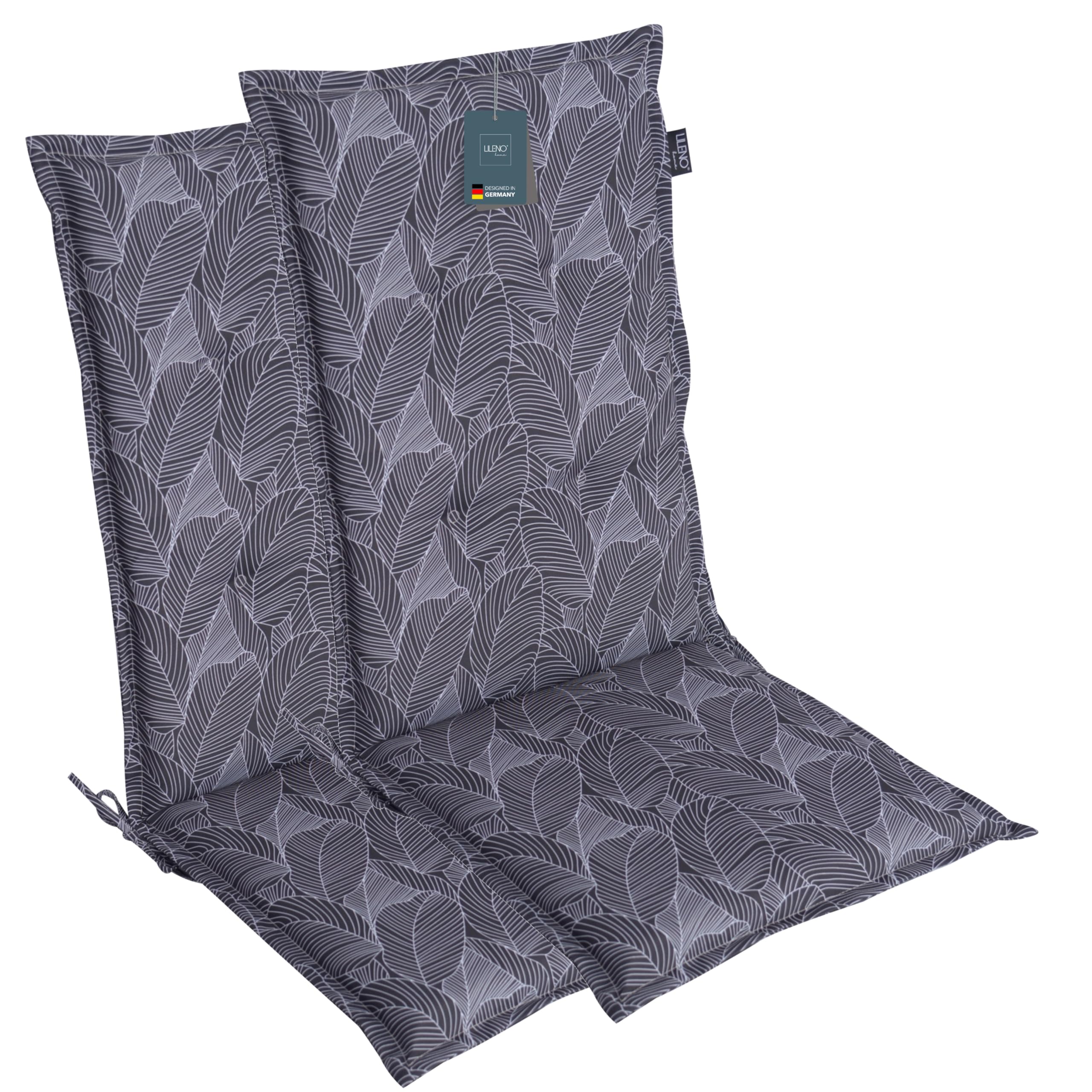 LILENO HOME Gartenstuhl Auflagen als [2er Set - Hochlehner] in Blätter Anthrazit - Bequeme Liegen als Sitzauflagen für Gartenmöbel - Stuhlkissen für Gartenstühle und Klappstühle