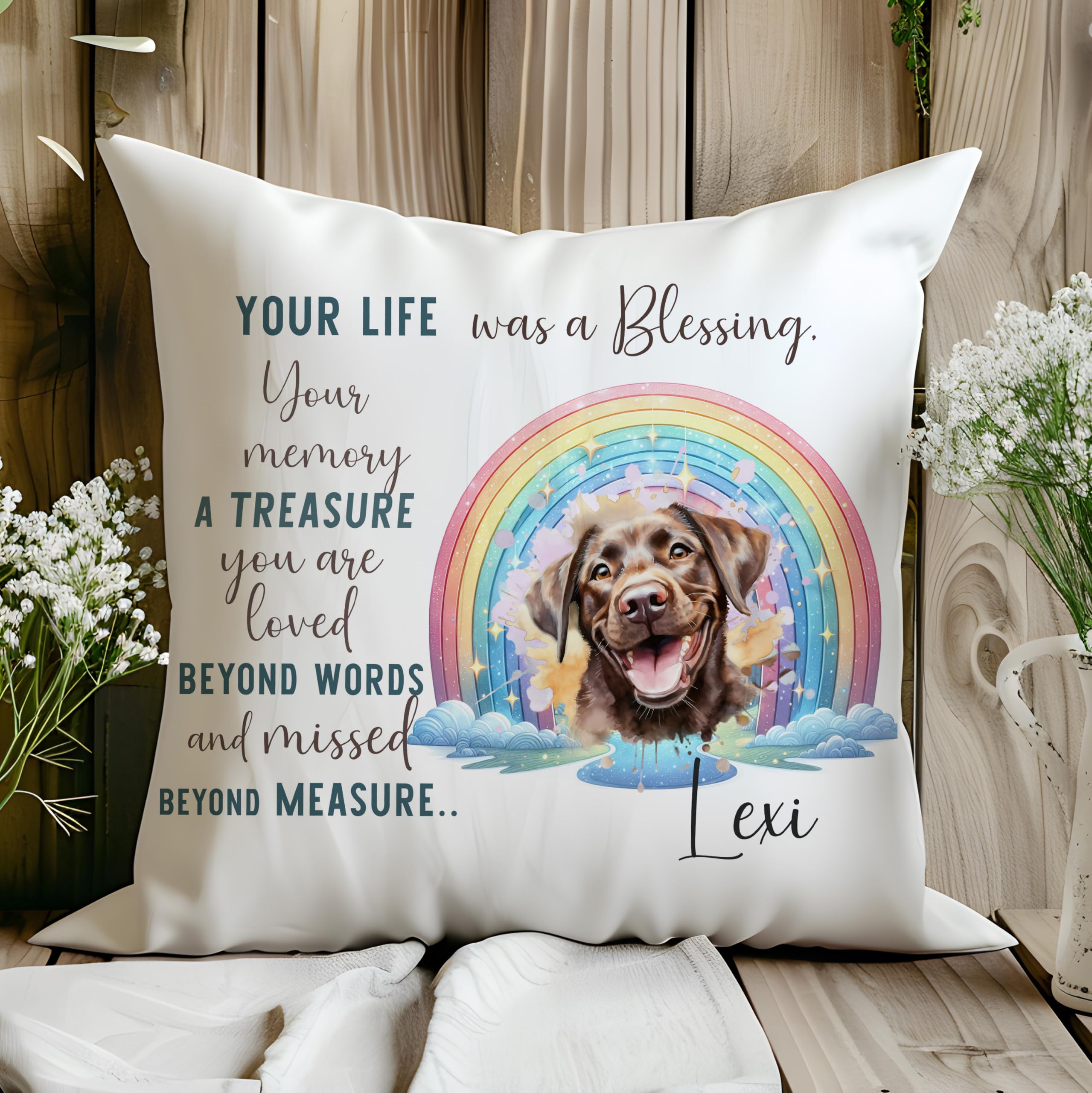 Personalised Custom-Made Bespoke Memorial 40x40cm Memory Cushion own photo Pet Loss Throw Pillow Dog Puppy Pup Cover Insert Name Comfort Message Rainbow Printed Personalized Sympathy Gift