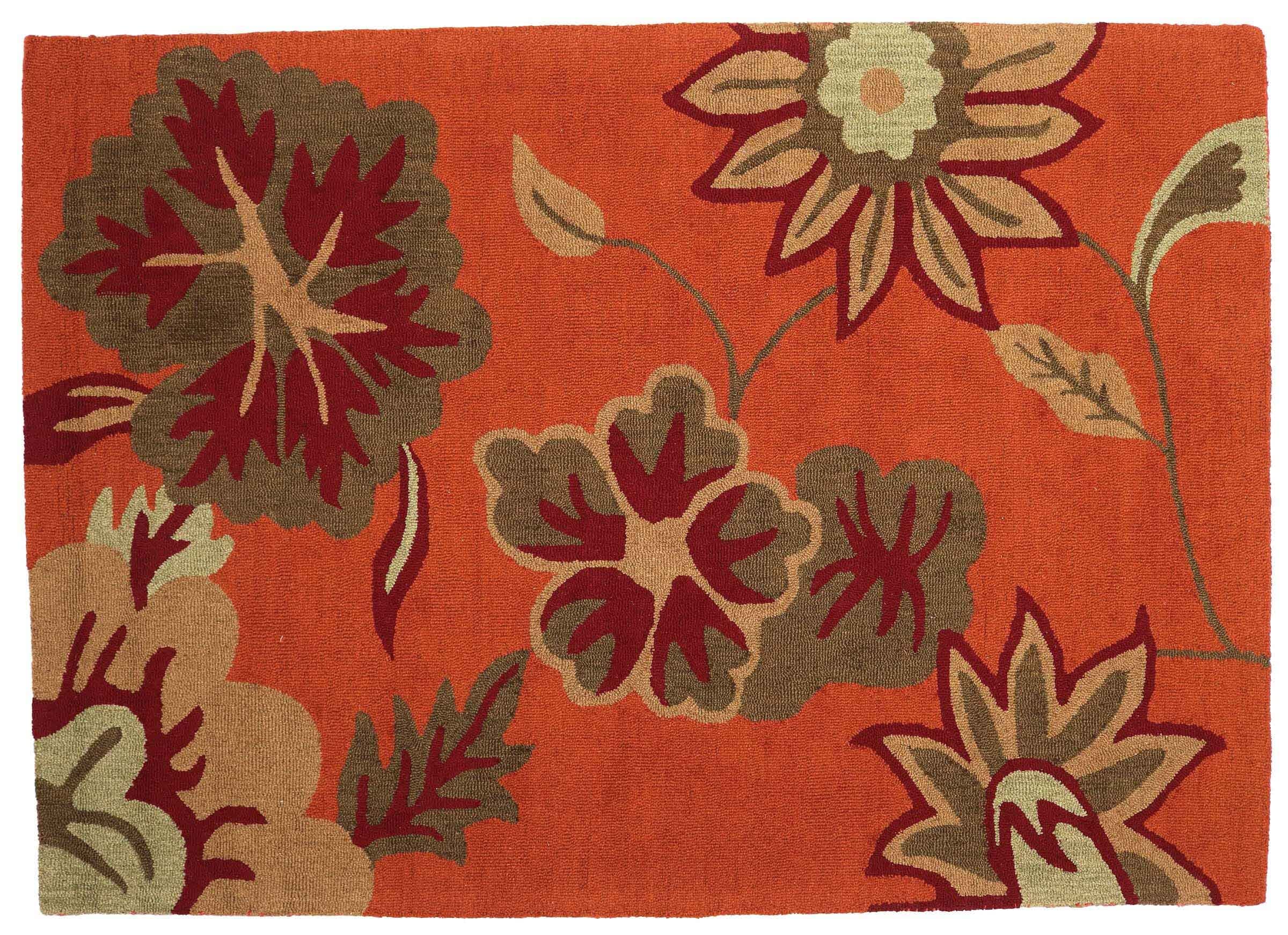 Tapis à poils courts facile à nettoyer orange 160x230 floral fait main