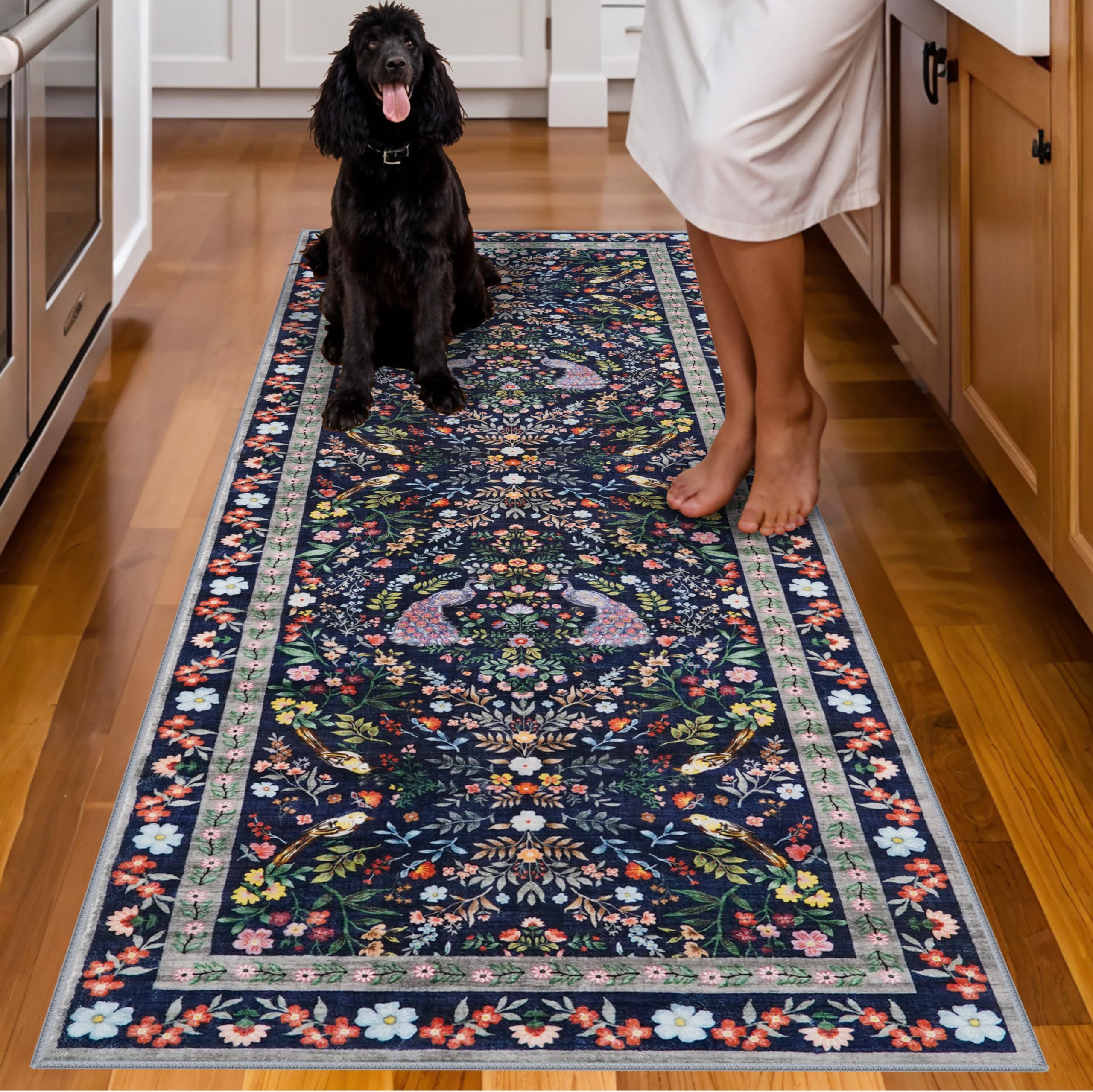 2x6 Hallway Floral Rug Runner: Washable Non Slip Low Pile Area Rug for Kitchen Soft Water Resistant Carpet for Bathroom Laudry Light Weight Durable Floor Mat for Bedroom Nursery(Blue/Floral,2x6)