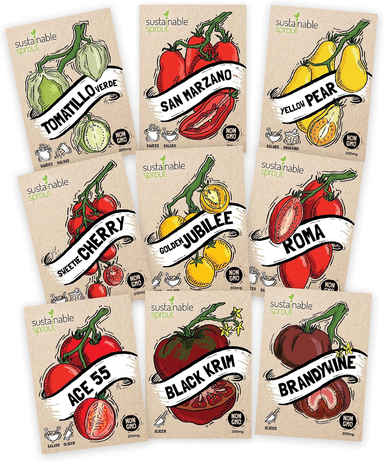 Tomato Seeds for Planting Variety 9 Pack-Cherry, Brandywine Beefsteak, Yellow Pear, Golden Jubilee, Plum Roma, Tomatillo, Ace 55, San Marzano-Heirloom Tomato Seeds for Your Organic Garden-100% Non GMO