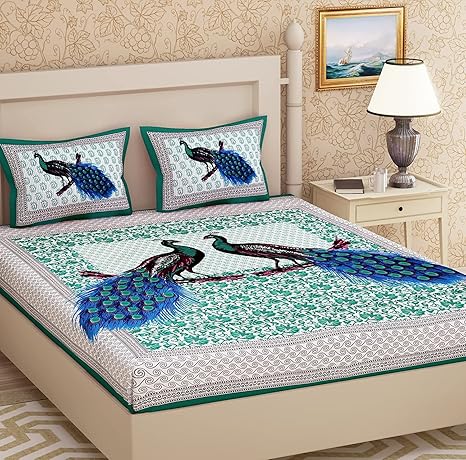 Christable Present Premium 100% Pure Cotton Jaipuri Printed Double Bed Size / Double Bed Bedsheet with 2 Pillow Cover- Peacock Printed -Dark Cyan-RG