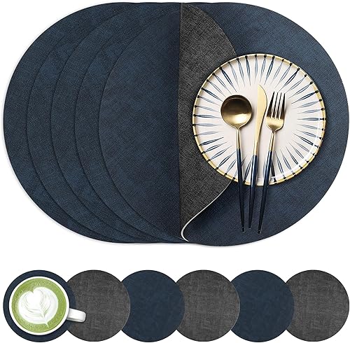 Miniatura 19 de Juego de 6 manteles individuales redondos de piel sintética de 13 pulgadas, impermeables, antideslizantes, de doble cara, resistentes al calor,