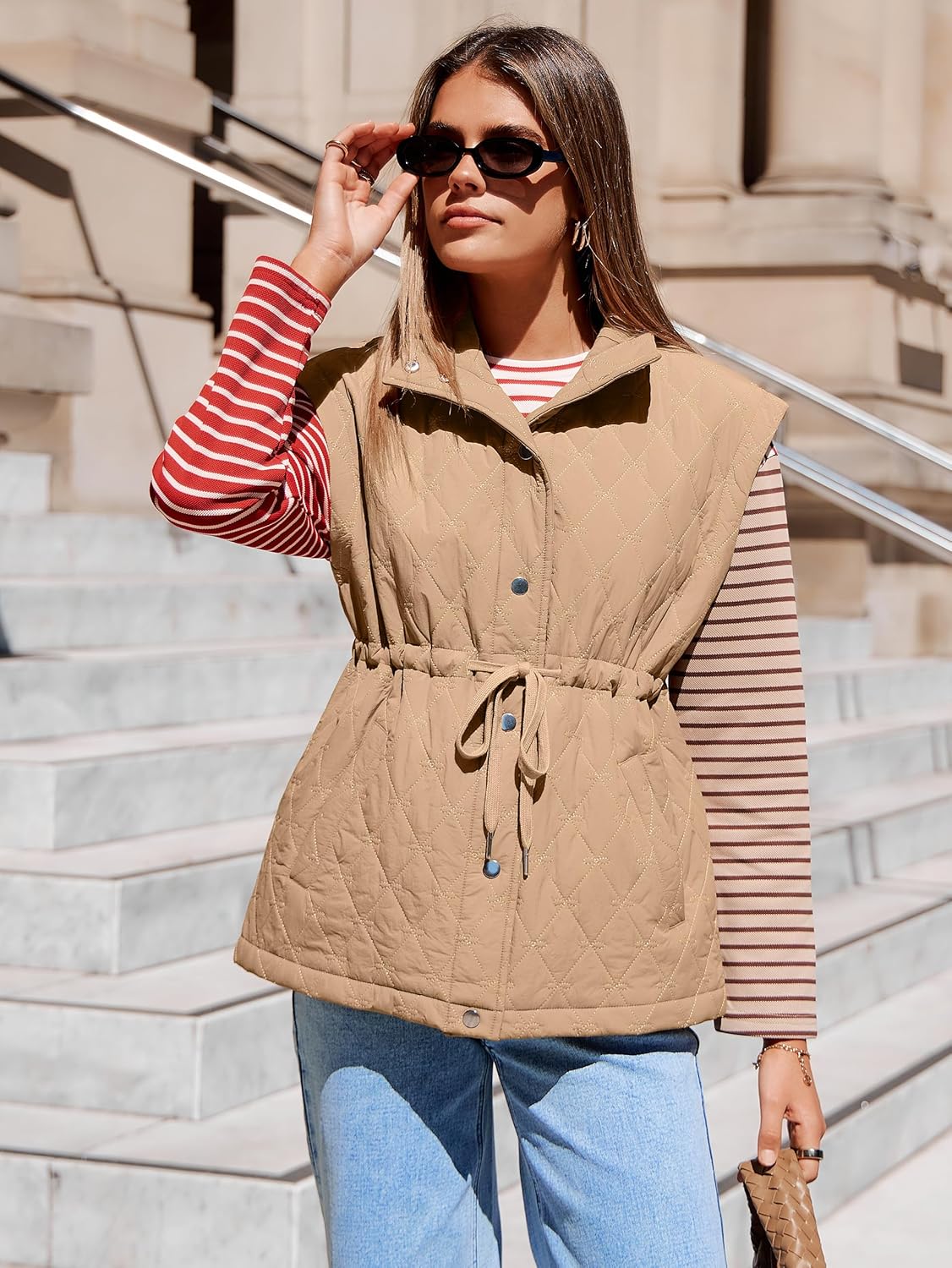 Glamaker Womens Lightweight Puffer Vest Casual Loose Sleeveless Quilted Jackets Hight Waist Drawstring Outerwear Vests