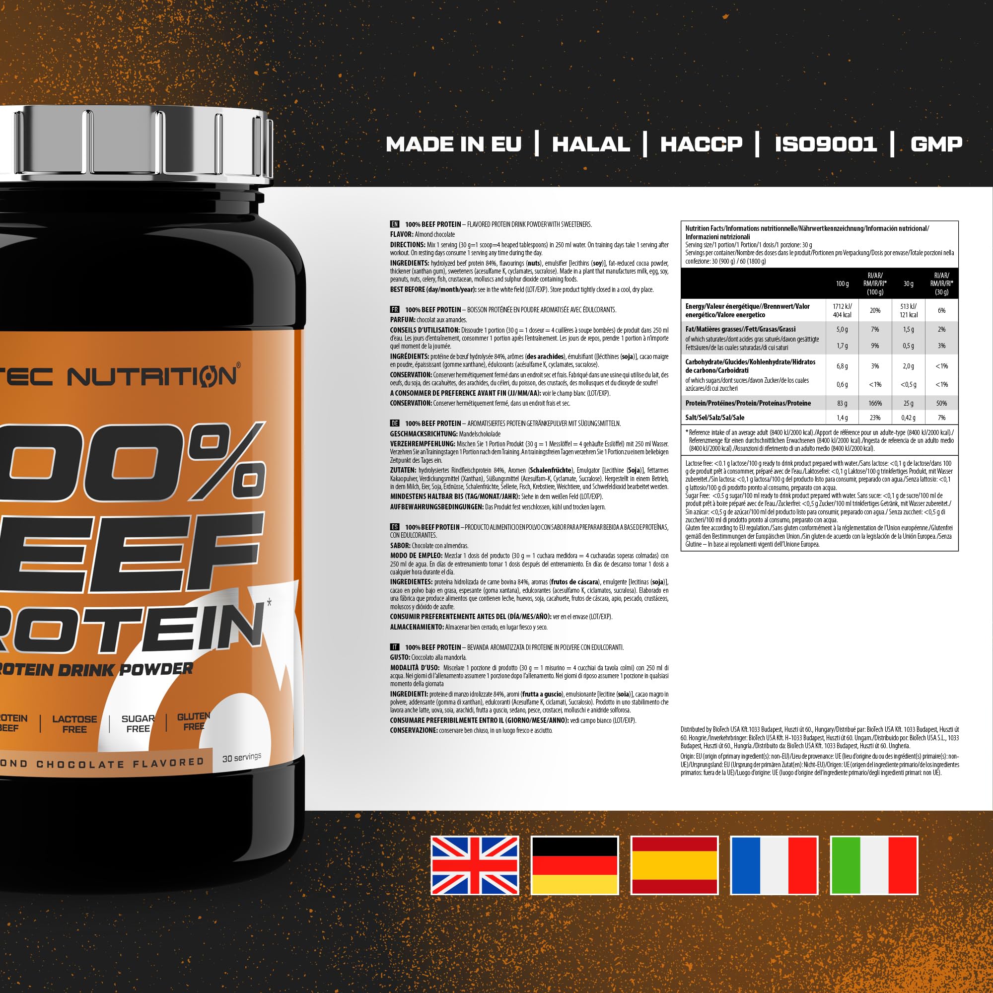 Scitec Nutrition 100% Beef Protein - Aromatisiertes Protein Getränkepulver - Laktosefrei, Zuckerfrei, Glutenfrei, 900 g, Mandelschokolade