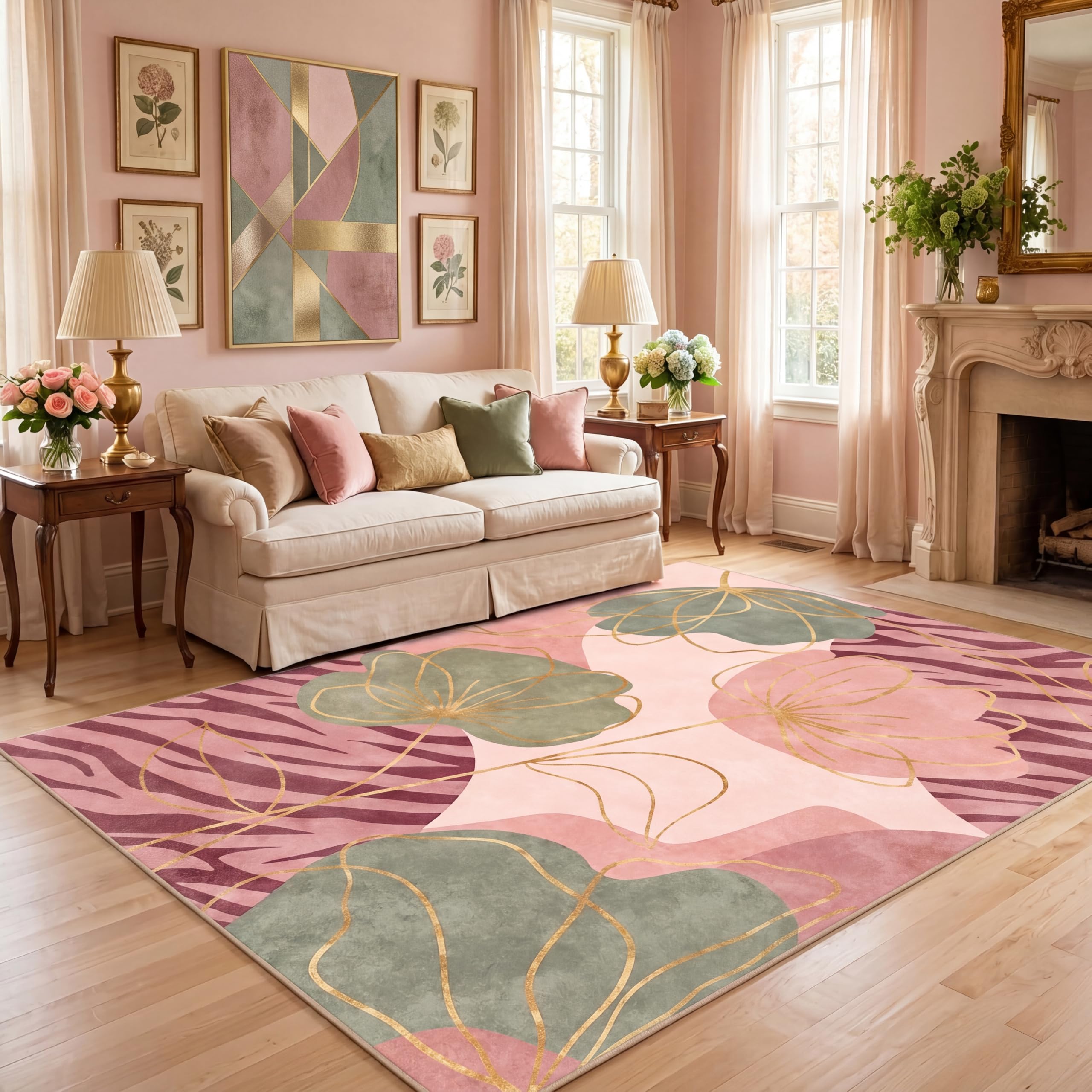 BreezeRise 5x7 Area Rug for Living Room,Modern Abstract Boho Pink Green Gold Floral Zebra Print,Non-Slip Washable Bedroom,Dining Room