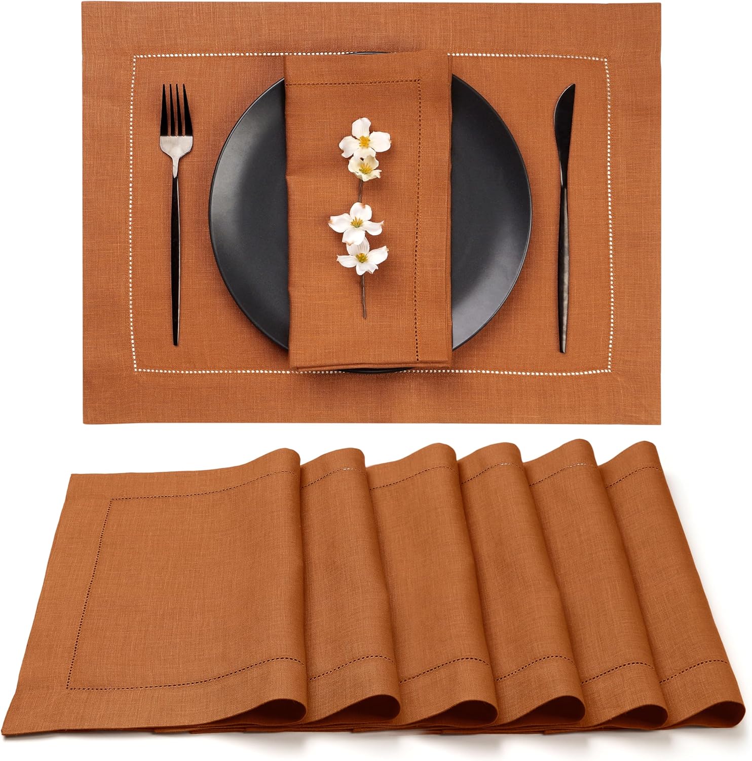 D'Moksha Homes Rust Linen Placemats Set of 6 - Classic Hemstitch Placemats 14 x 19 Inch - 100% Pure Linen Table Mats for Spring, Easter - Handcrafted and Machine Washable